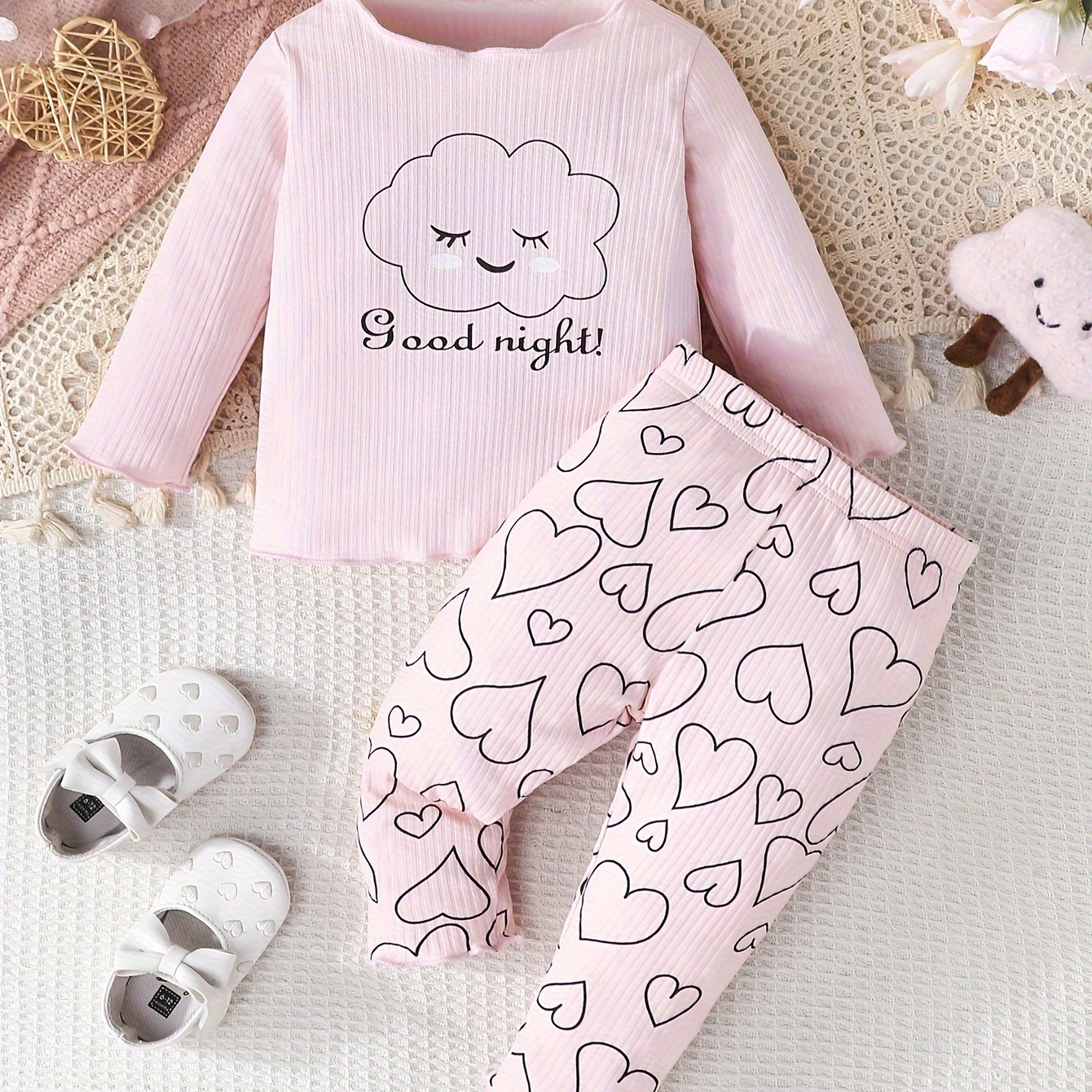 

Ensemble pièces pour bébé fille, haut à manches longues imprimé " nuit" et pantalon à motif cœur, tenue décontractée automne/hiver.