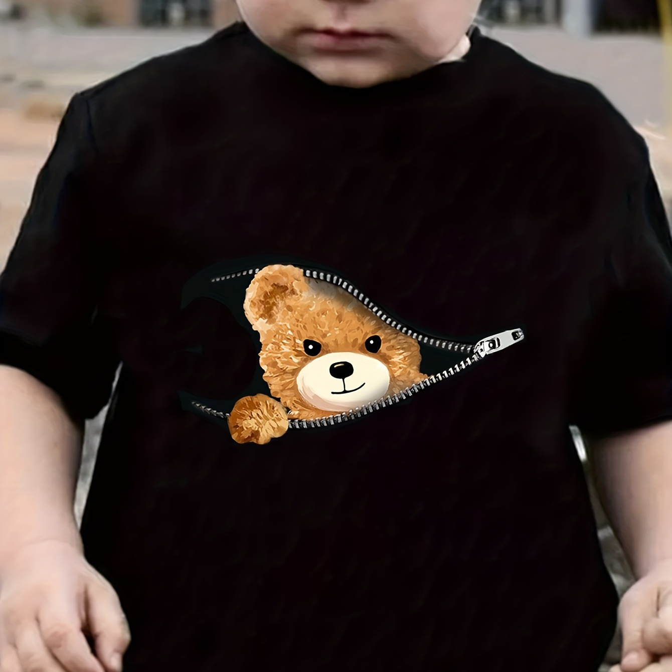 

Fake Zipper Bear Print T-shirt, Tees For Boys, Casual Short Sleeve T-shirt For Summer Spring Fall