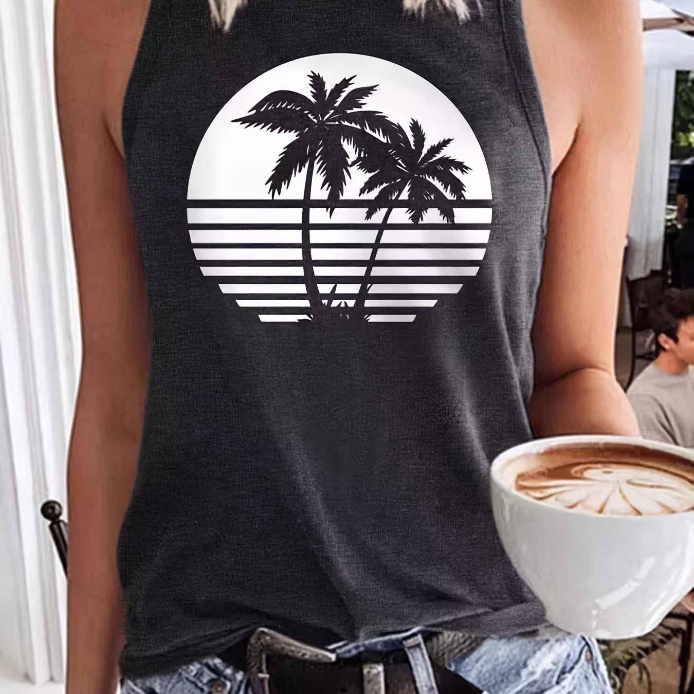 

Graphic Print Round Neck Tank Top, Casual Loose Fashion Sleeveless Tank Top, Women's Clothing