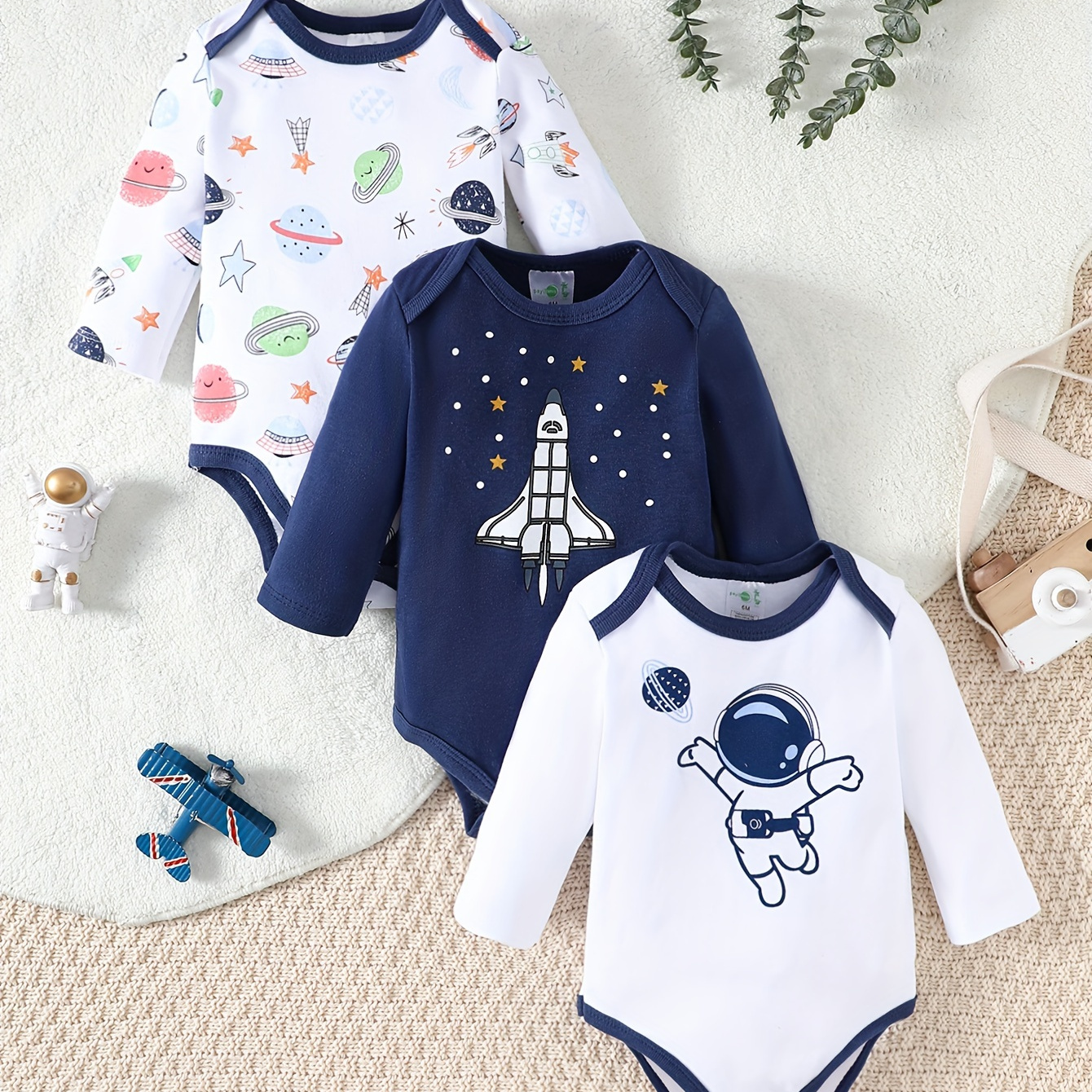 

3pcs Baby Boy's Space Themed Bodysuit, Comfy Long Sleeve Onesie, Infant's Clothing, As Gift