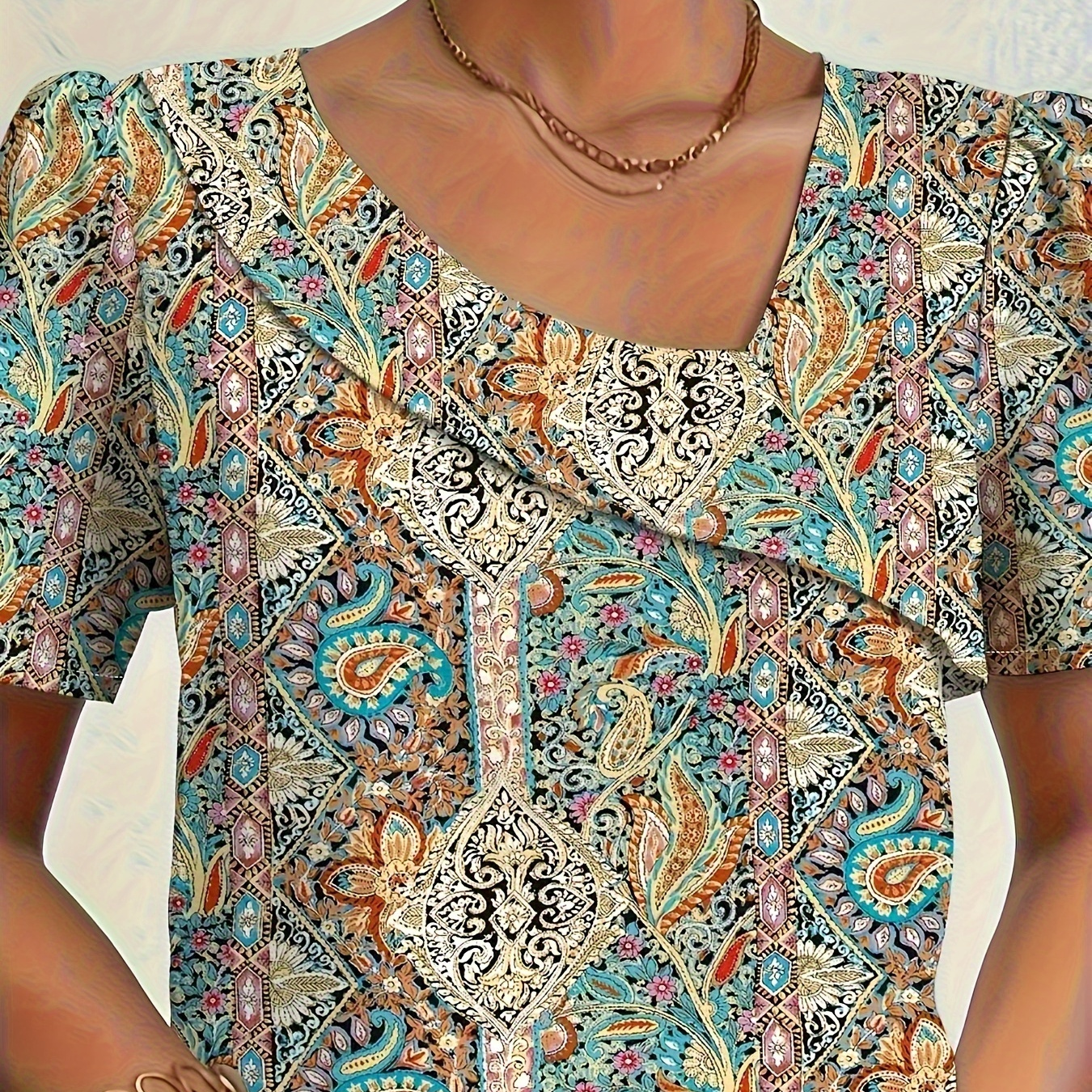 

Paisley Print Asymmetric Neck Blouse, Casual Short Sleeve Top For Spring & Summer, Women's Clothing