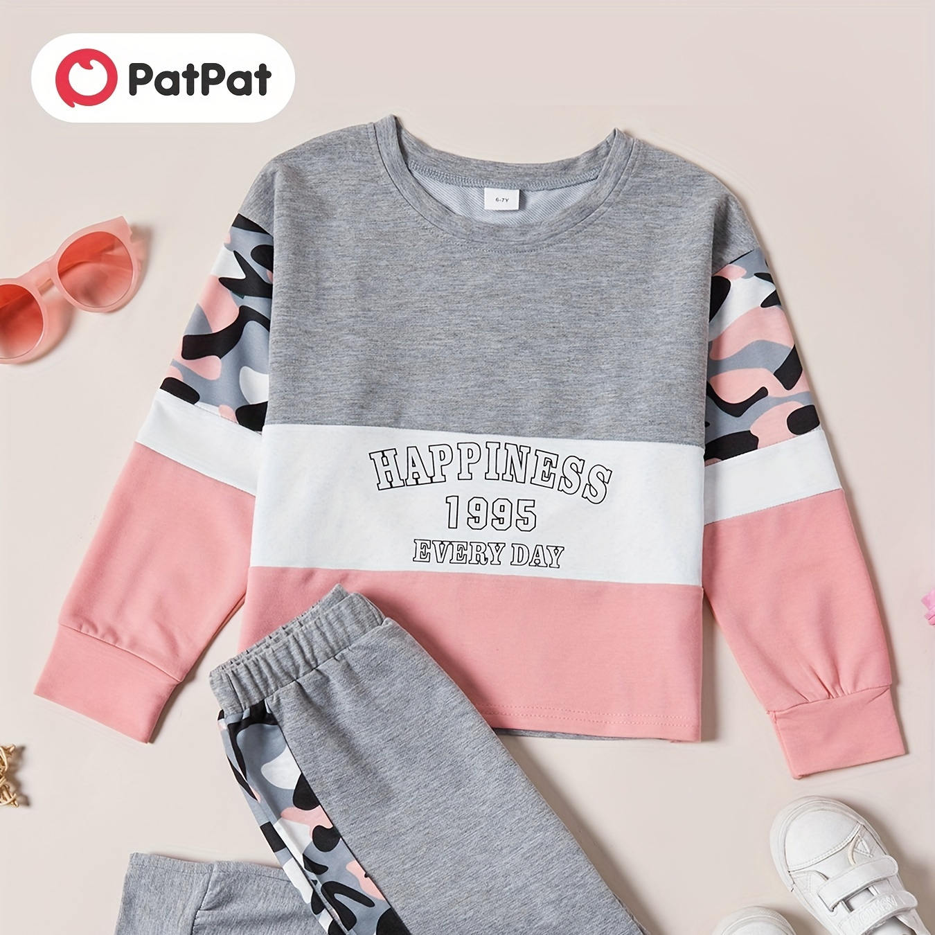 

Patpat 2pcs Kid Girl Casual & Trend Letter Camouflage Print Colorblock Crew Neck Round Neck Long*sleeve Tee And Elasticized Pants Fashion Set For Spring & Autumn/fall