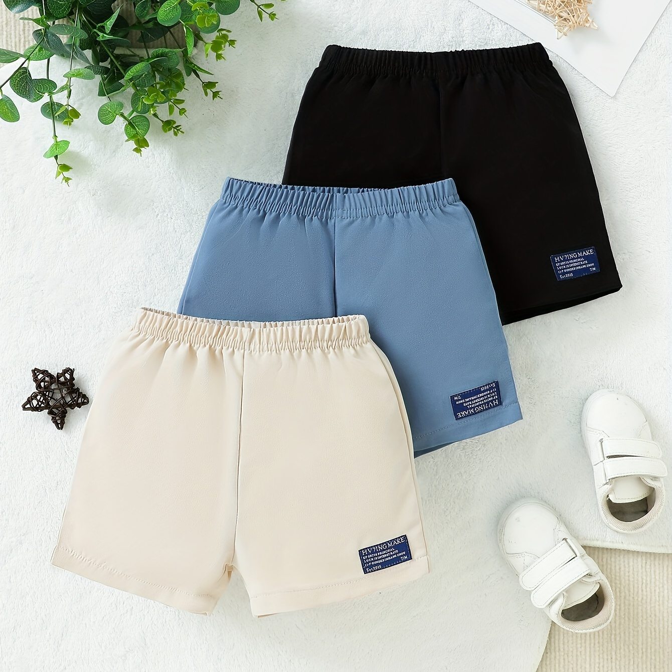 

3pcs Baby's Solid Color Casual Shorts, Patchwork Design Elastic Waist Bottoms, Baby Boy's Clothing