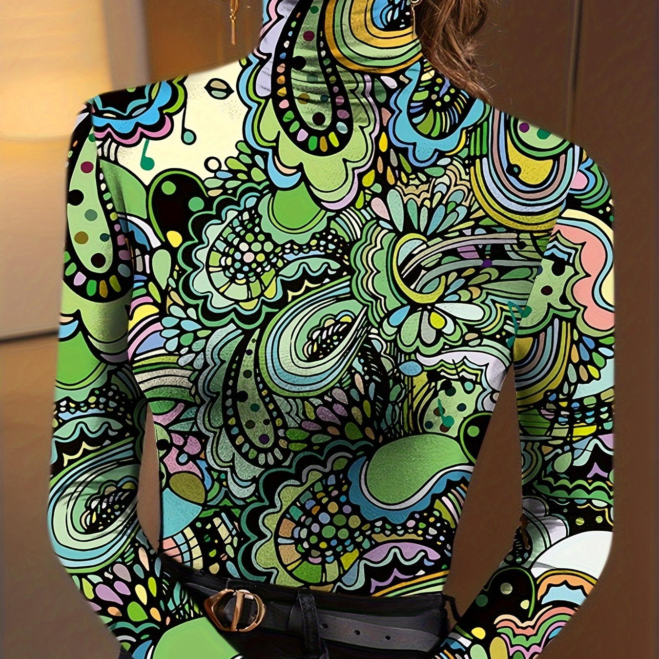 

Women's Vibrant Abstract Print High Neck Long Sleeve T-shirt - Elegant, Stretchy Polyester, Machine Washable, Wear