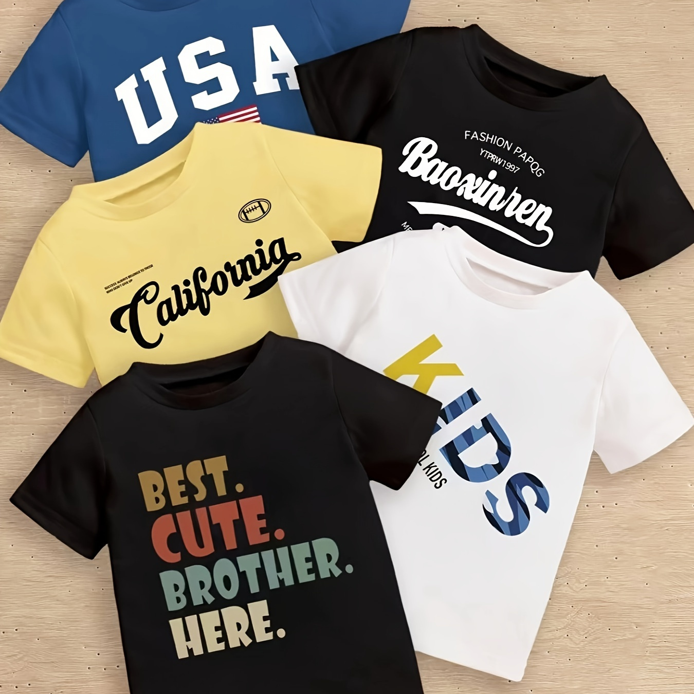 

5pcs Boy's Summer Casual Short Sleeve T-shirt - 'usa' Print + Calligraphy Letter Pattern + 'kids...' Print + 'best Cute...' Print + 'california...' Print Cool Comfy Versatile Tee Gift