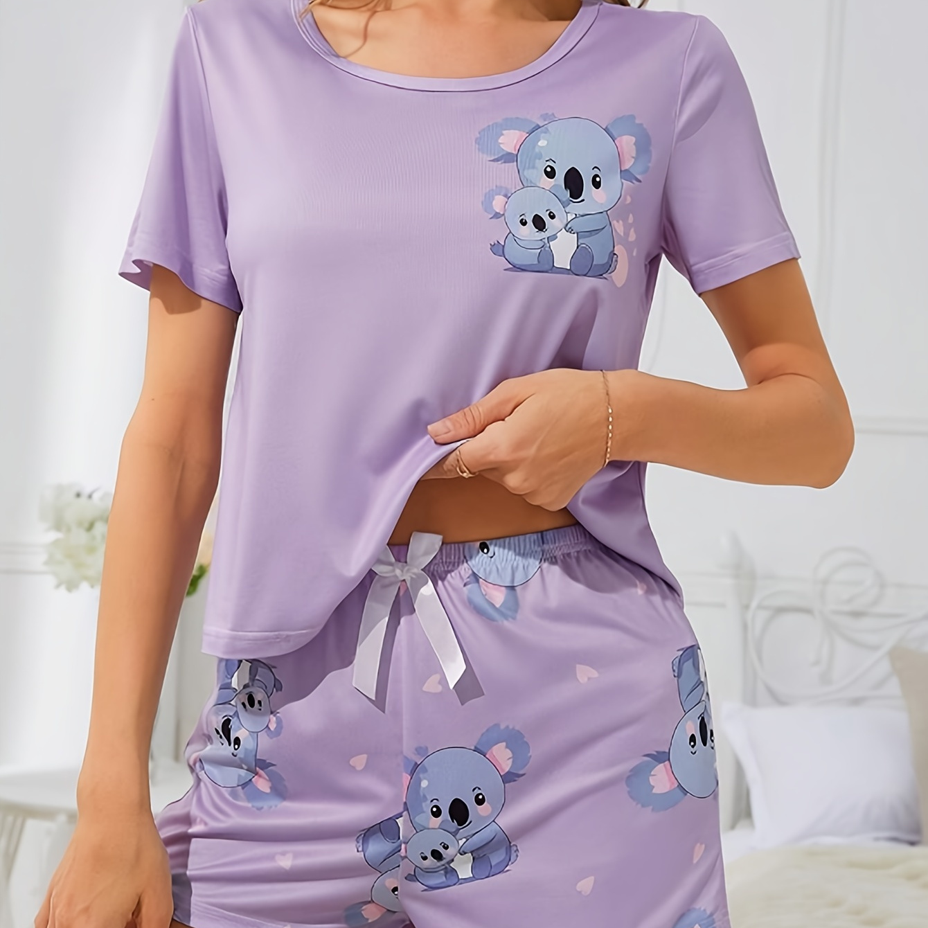 

Cute Koala Print Pajama Set, Round Neck Short Sleeve Top & Elastic Shorts, Women's Sleepwear