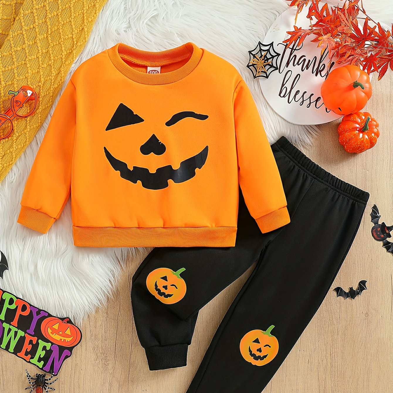 

Pumpkin Print Kids' Casual Pant Set - Knit Polyester Sweatshirt And Joggers With Slight Stretch, Color Block, Regular Fit For 12 And Under, Perfect For Fall/winter