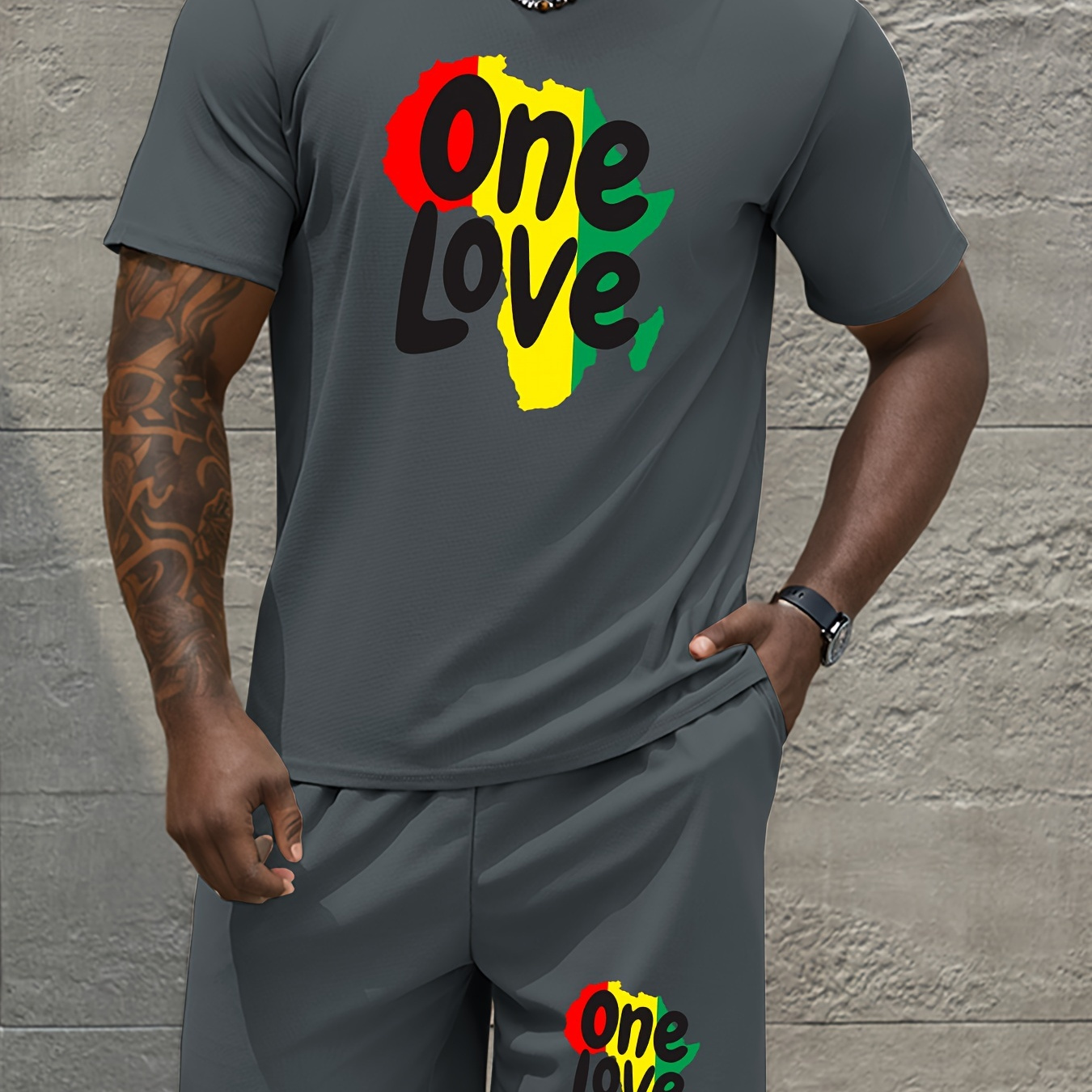

2pcs/set Men's Waffle Check Pattern Short-sleeve Set, "one Love" With Flag Print Crew Neck T-shirt, Casual Drawstring Shorts, Cozy Clothing For Outdoor Activities