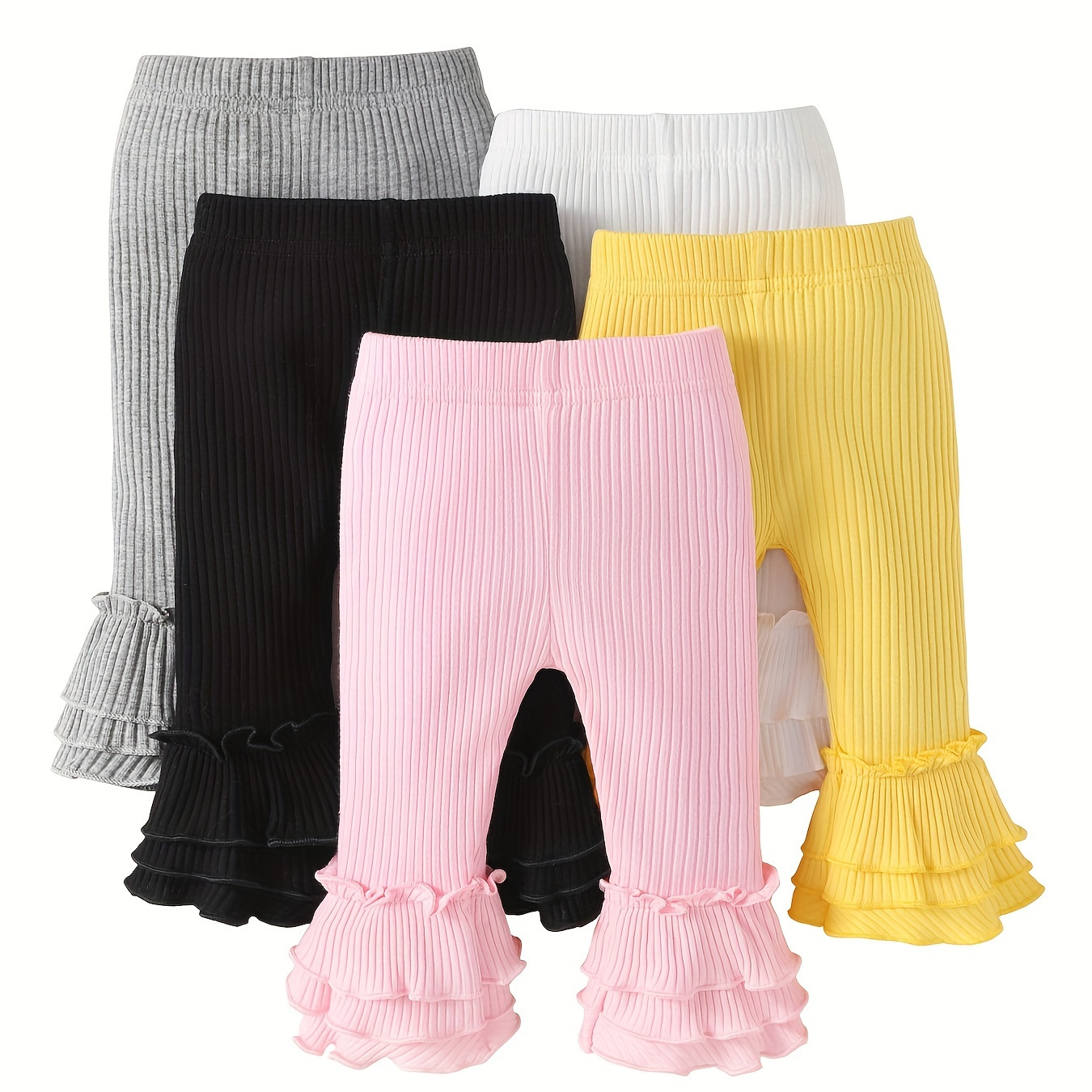 Toddler Baby Girl's Stylish Flared Pants, Ruffle Fleece Trousers, Comfy Leggings 5pcs/set