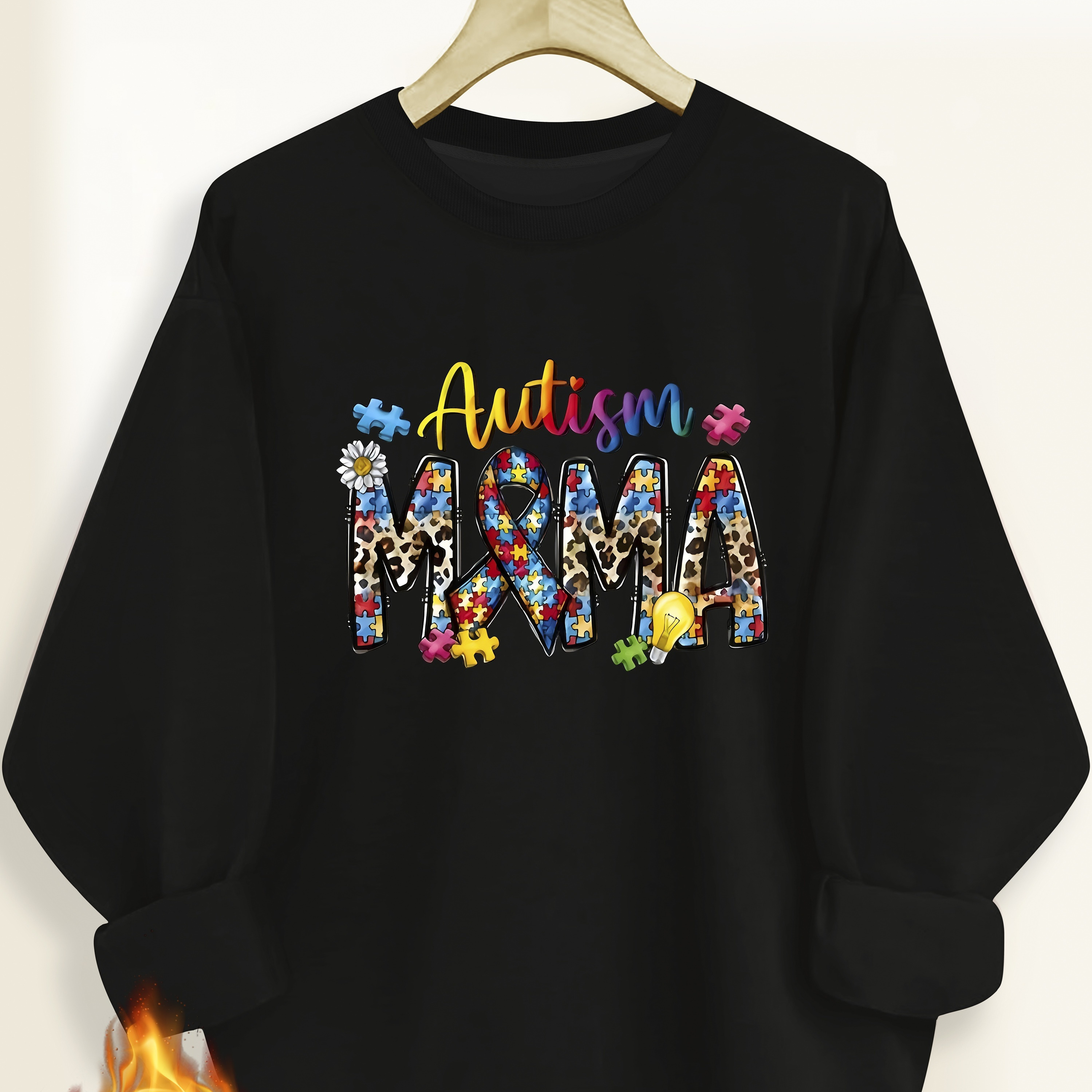 

Autism Mama Print Pullover Sweatshirt, Casual Long Sleeve Crew Neck Sweatshirt For Fall & Winter, Women's Clothing