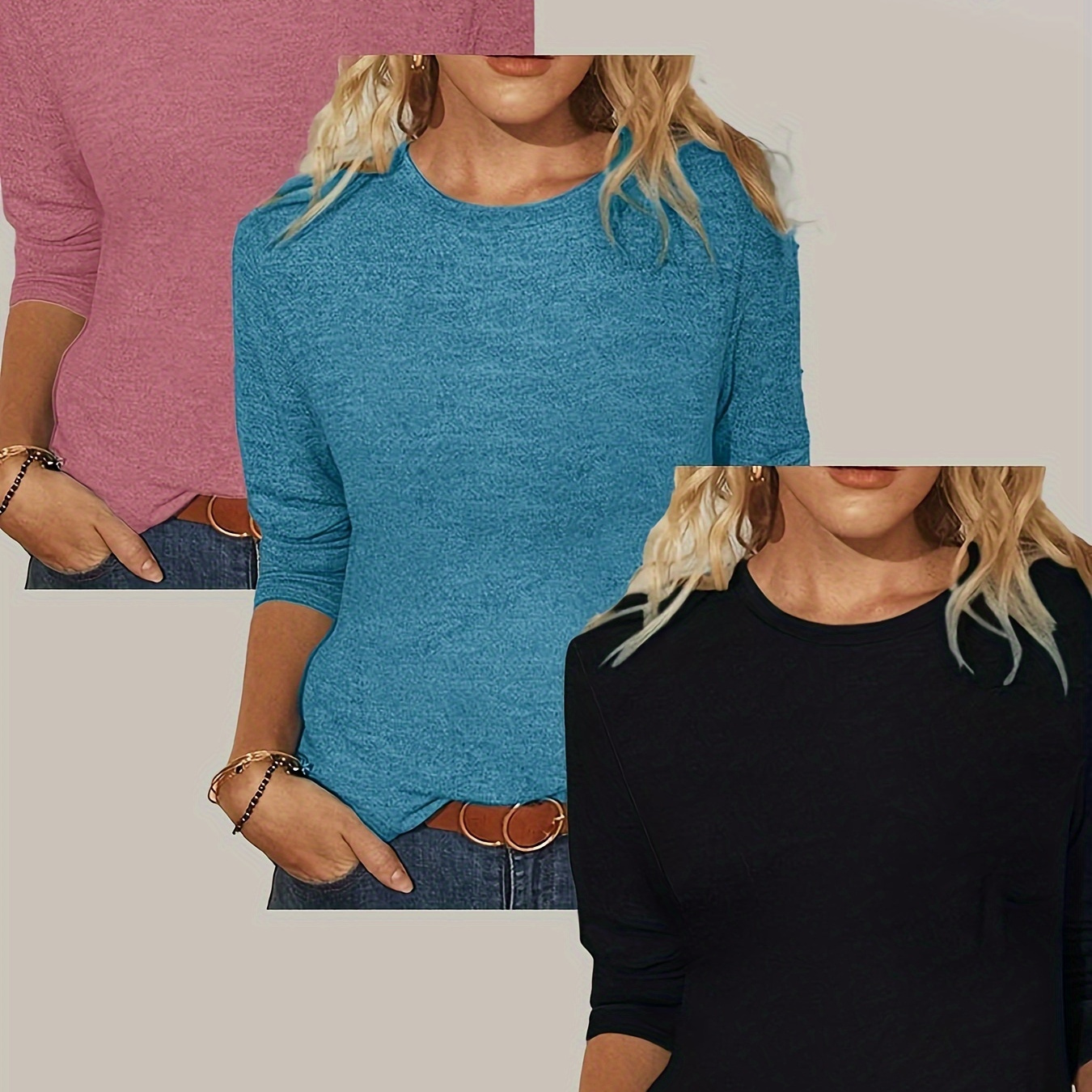 

3 packs de t-shirts de couleur unie, hauts décontractés à col rond à manches longues pour et , vêtements pour femmes.