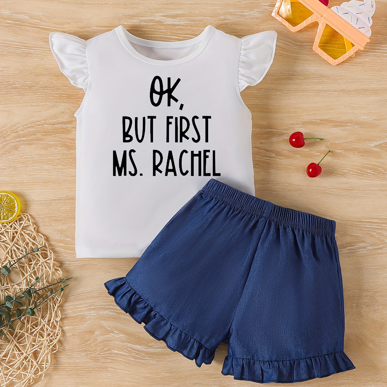 

Ok But First Ms. Rachel Print, Baby Girls' Casual & Stylish Outfit, 2pcs/set Ruffle Trim Crew Neck Tee & Solid Color Ruffle Hem Shorts For Spring & Summer, Toddler Girls' Clothing