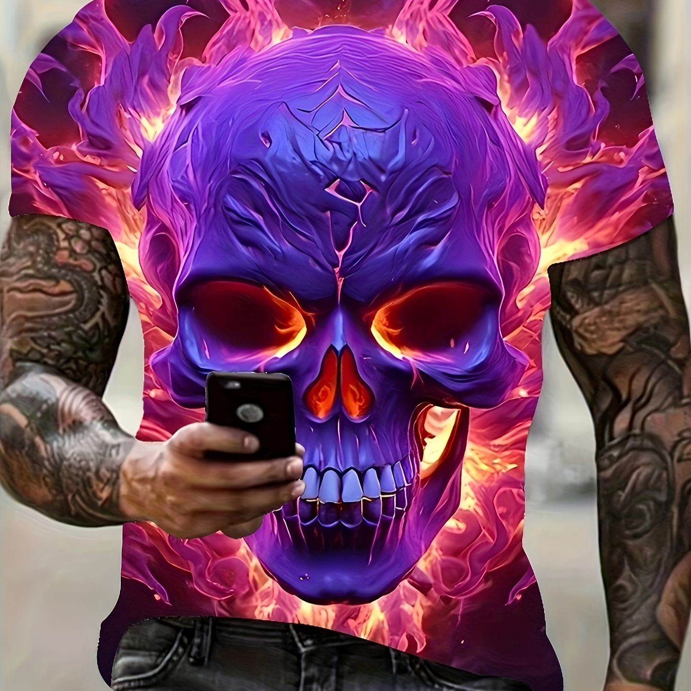 

Plus Size Men's 3d Skull Graphic Print T-shirt For Summer, Trendy Casual Short Sleeve Tees For Big & Tall Males