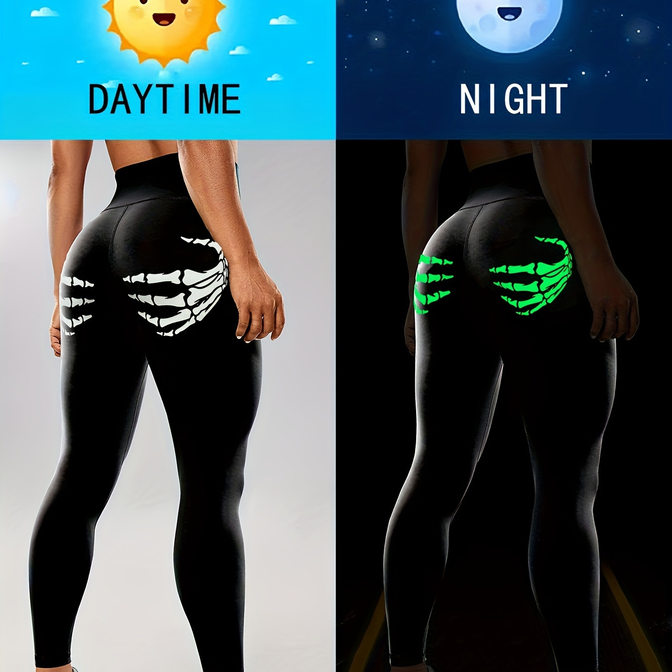 

1pc Women's High Waist Halloween Glow In The Dark Skeleton Skinny Leggings, 85% Polyester 15% Elastane, Long Length Tights For Outdoor Sports, Comfortable Fleece Lined Stretch Fabric, Waistband