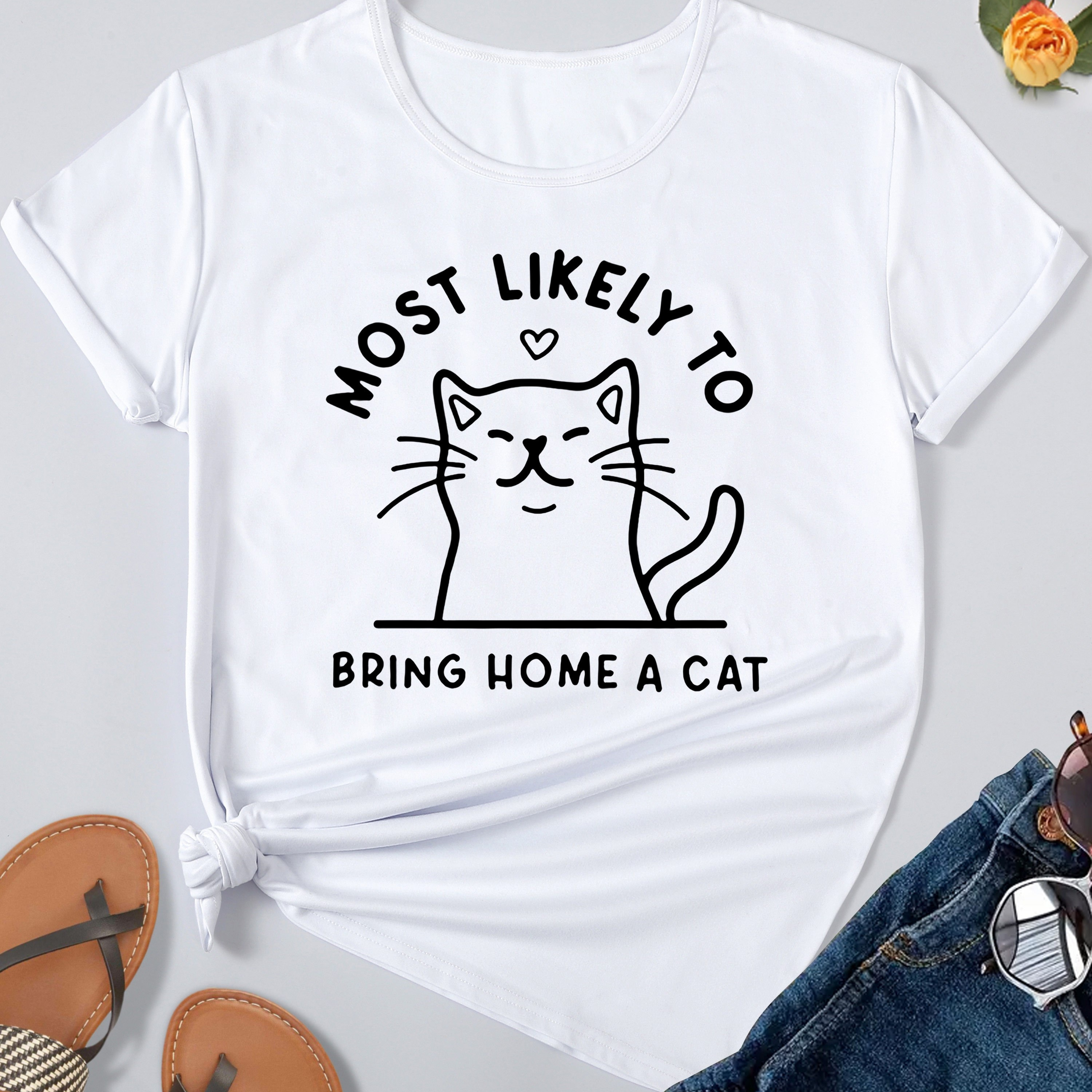 

Cartoon Cat Print T-shirt, Short Sleeve Crew Neck Casual Top For Summer & Spring, Women's Clothing