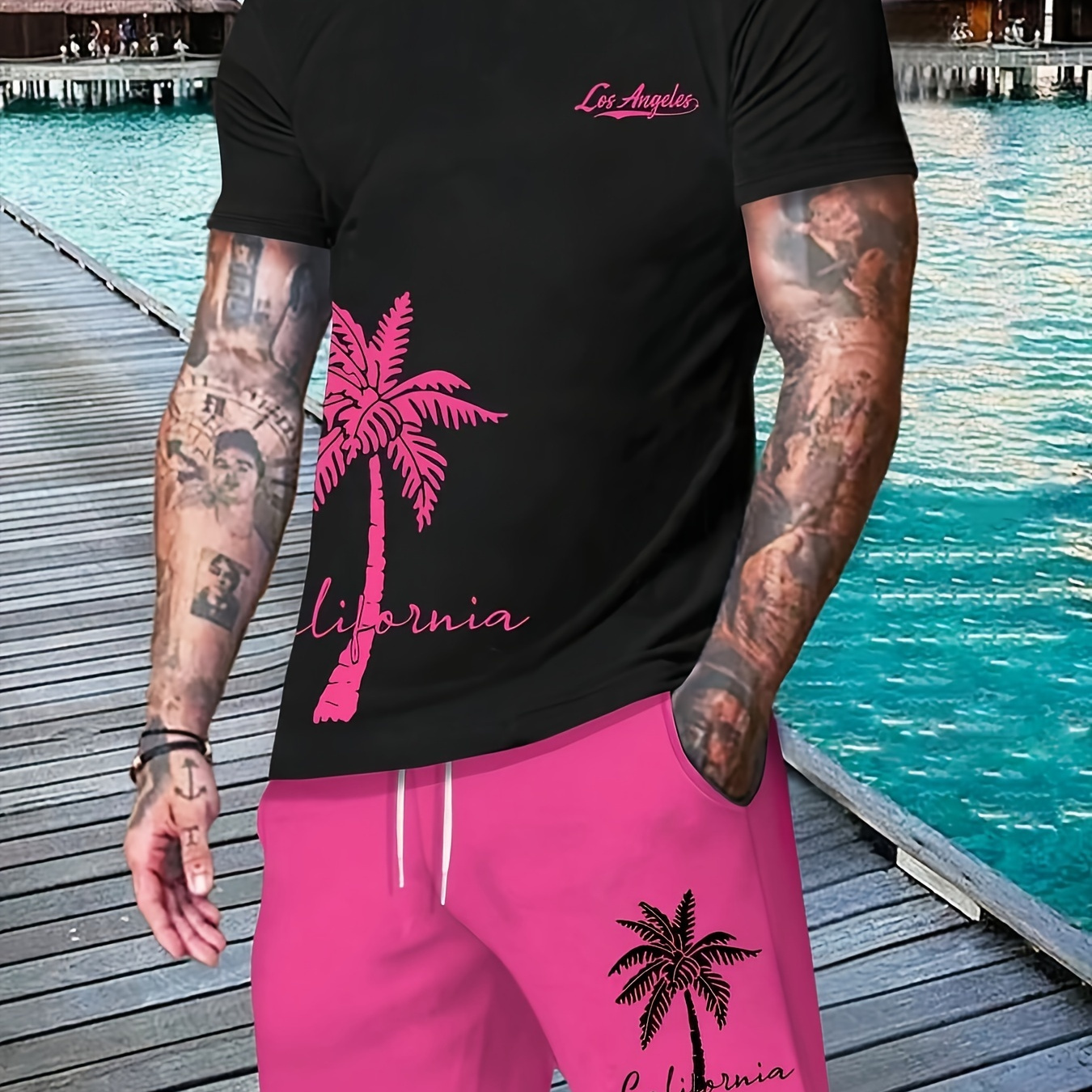 

Men's Outfit, Coconut Tree Graphic Print Casual Crew Neck Short Sleeve T-shirt & Drawstring Shorts 2-piece Set For Summer Outdoor Activities