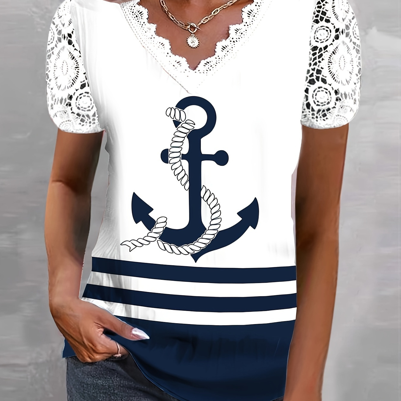 

Plus Size Anchor Print T-shirt, Casual Lace Stitching V Neck Short Sleeve T-shirt, Women's Plus Size clothing