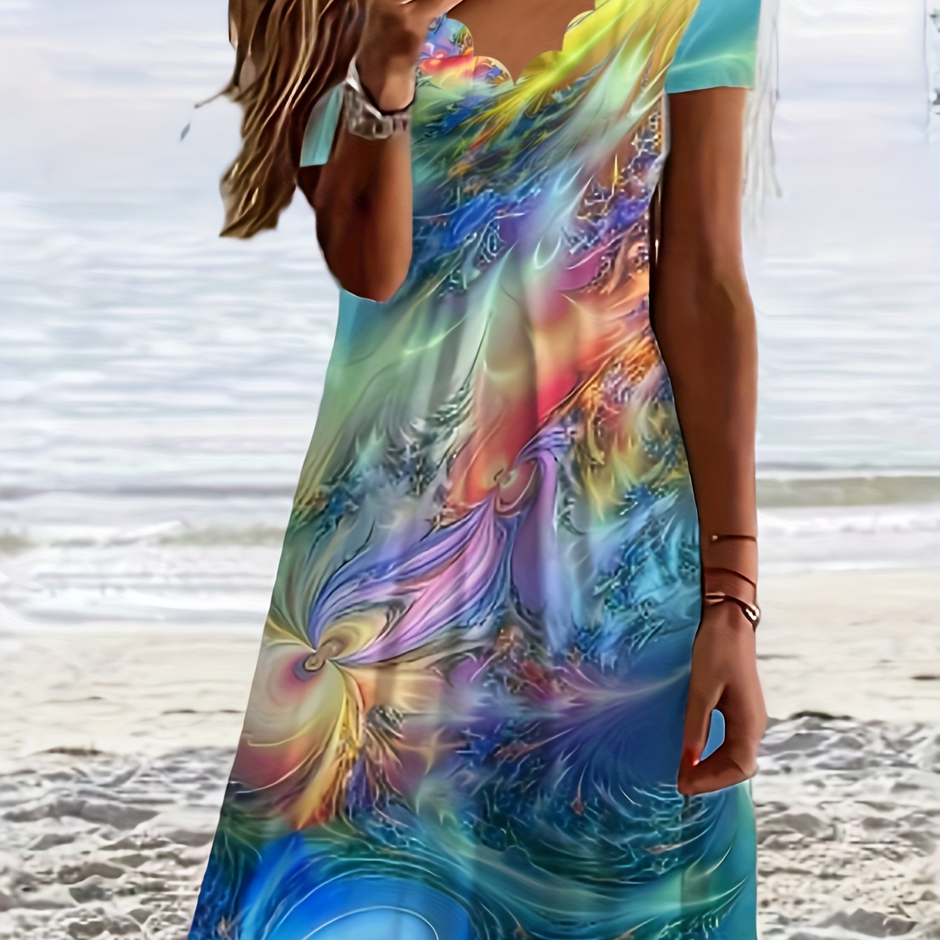 

Graphic Print Scallop Trim Dress, Casual V Neck Short Sleeve Summer Dress, Women's Clothing