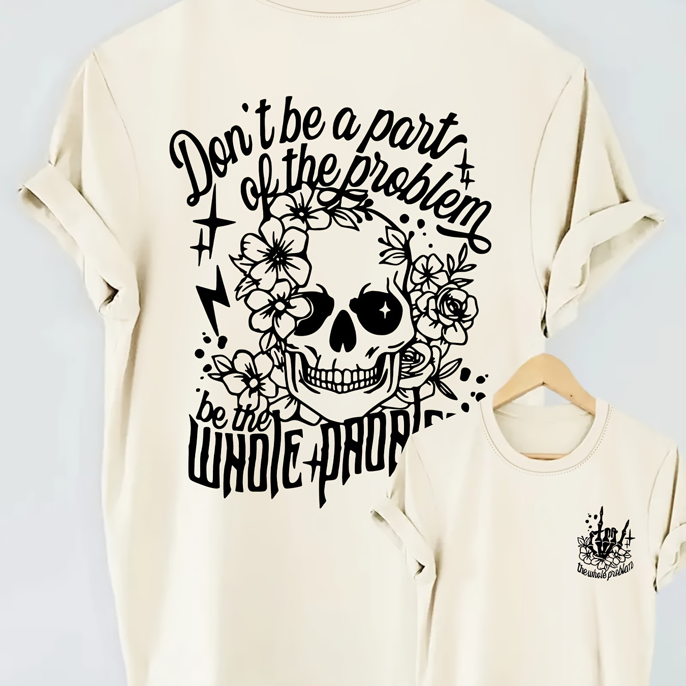 

Plus Size Skull & Letter Print T-shirt, Casual Short Sleeve Top For Spring & Summer, Women's Plus Size Clothing