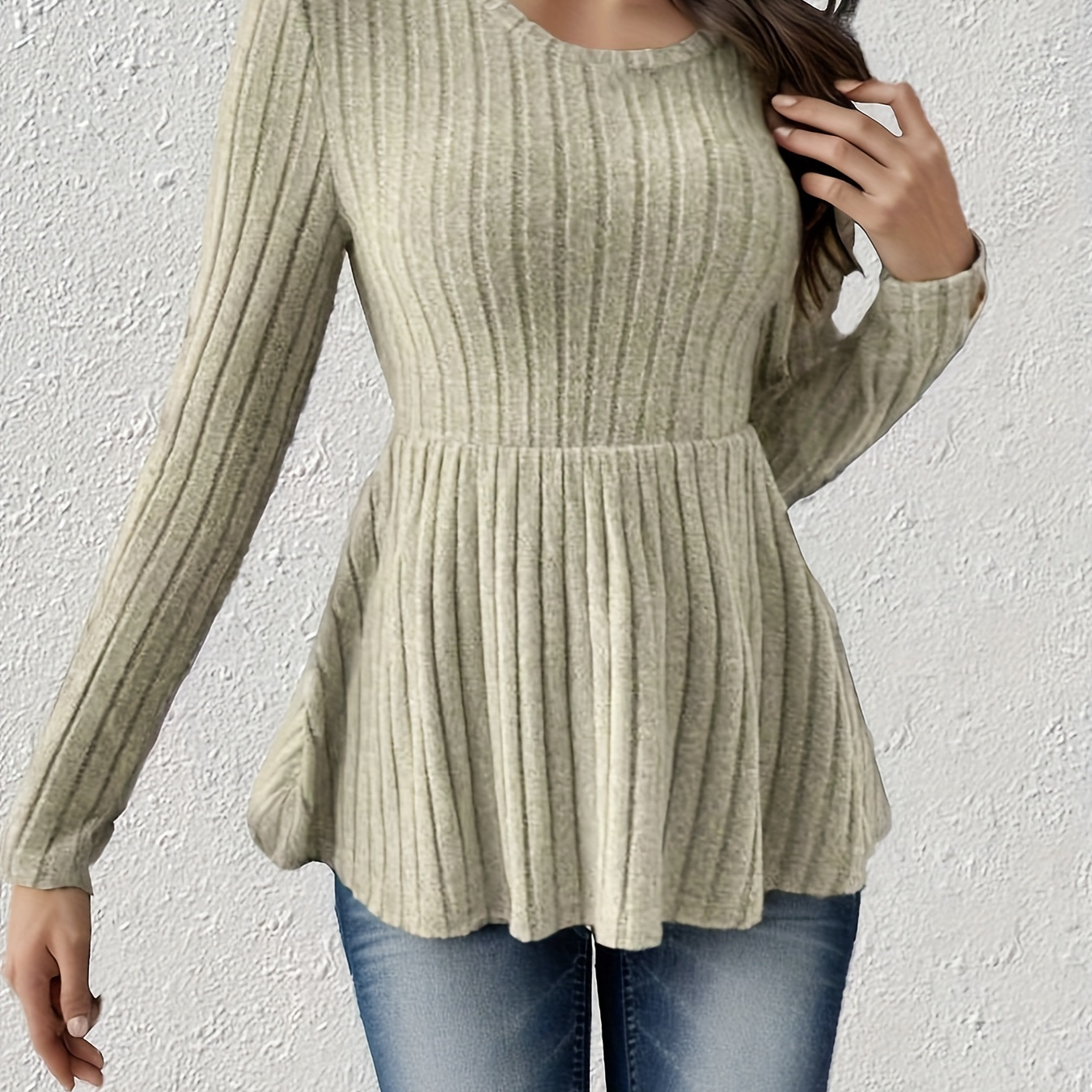 

Ribbed Knit Crew Neck Flare T-shirt, Casual Long Sleeve T-shirt For Spring & Fall, Women's Clothing
