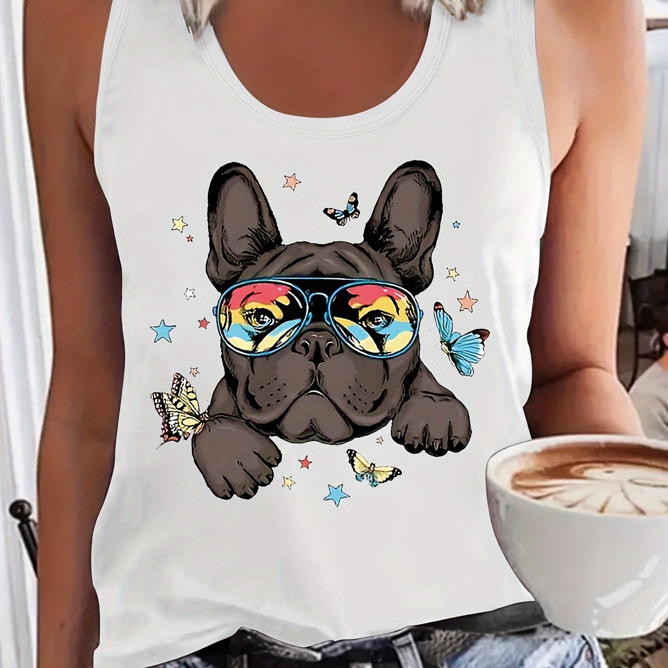

Dog Print Crew Neck Tank Top, Sleeveless Casual Top For Summer & Spring, Women's Clothing