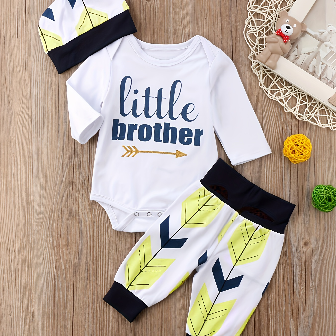 

Little Brother And Arrow Graphic Print, Newborn Baby Boys' Comfy Cotton Outfit, 3pcs/set Long Sleeve Crew Neck Onesie & Pants & Hat For Fall And Winter, As Gifts