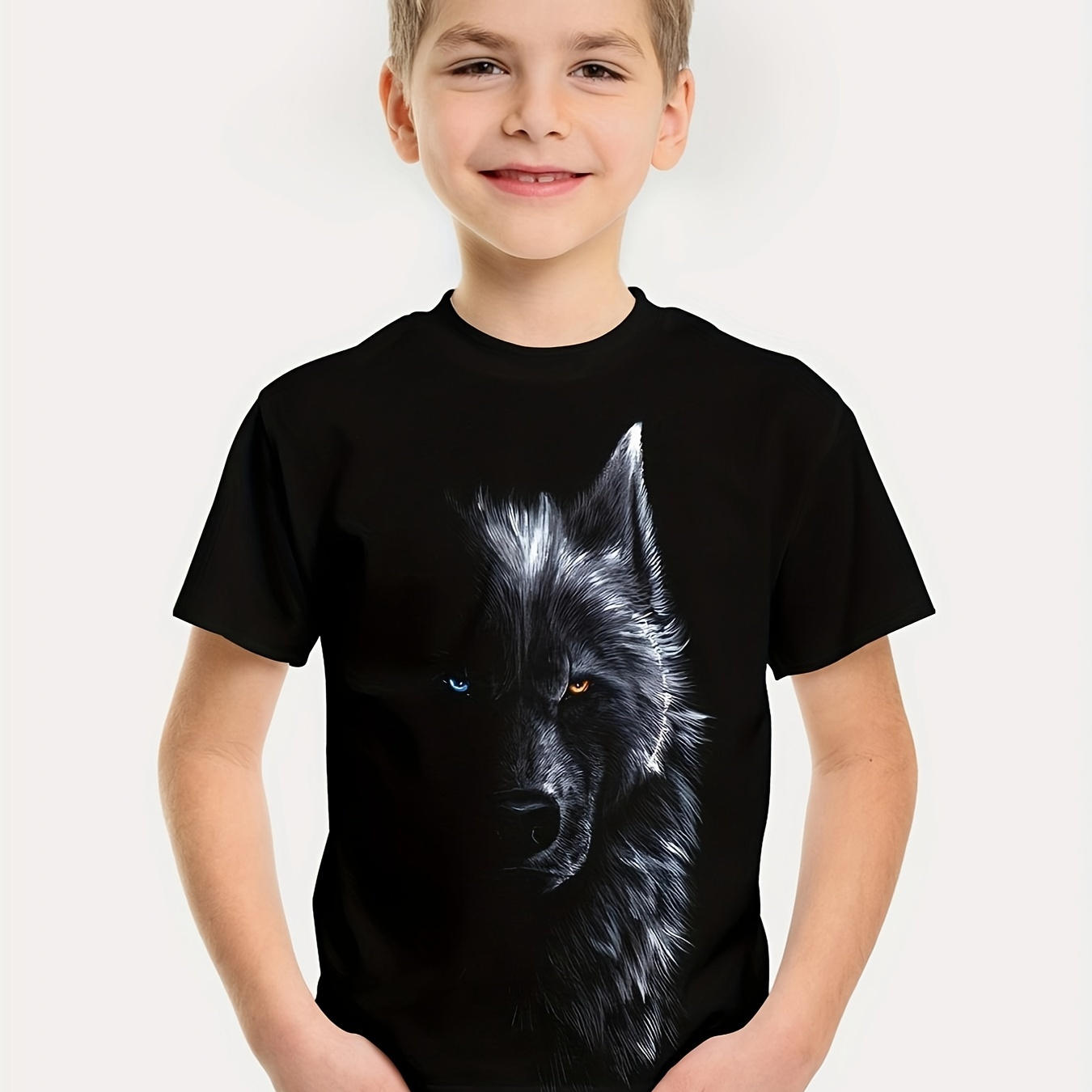 

T-shirt à manches courtes pour garçons, imprimé 3D Trendy Black Wolf, confortable et polyvalent