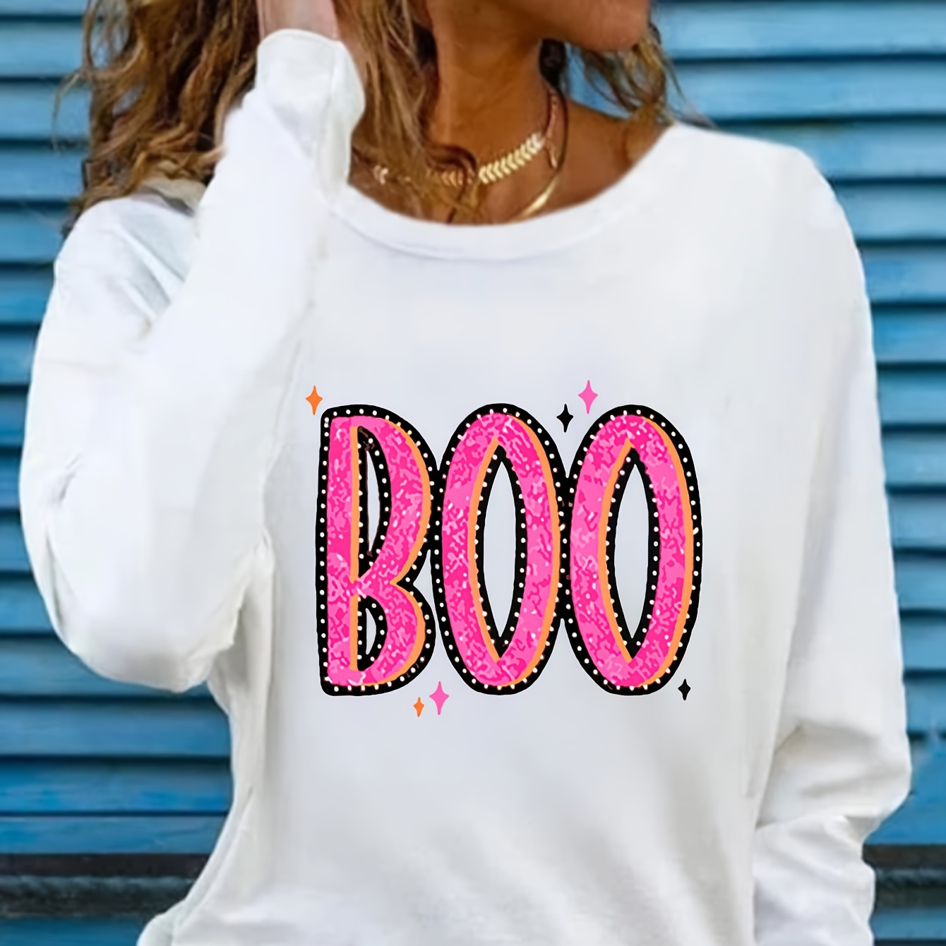 

Boo Print T-shirt, Long Sleeve Crew Neck Casual Top For Spring & Fall, Women's Clothing