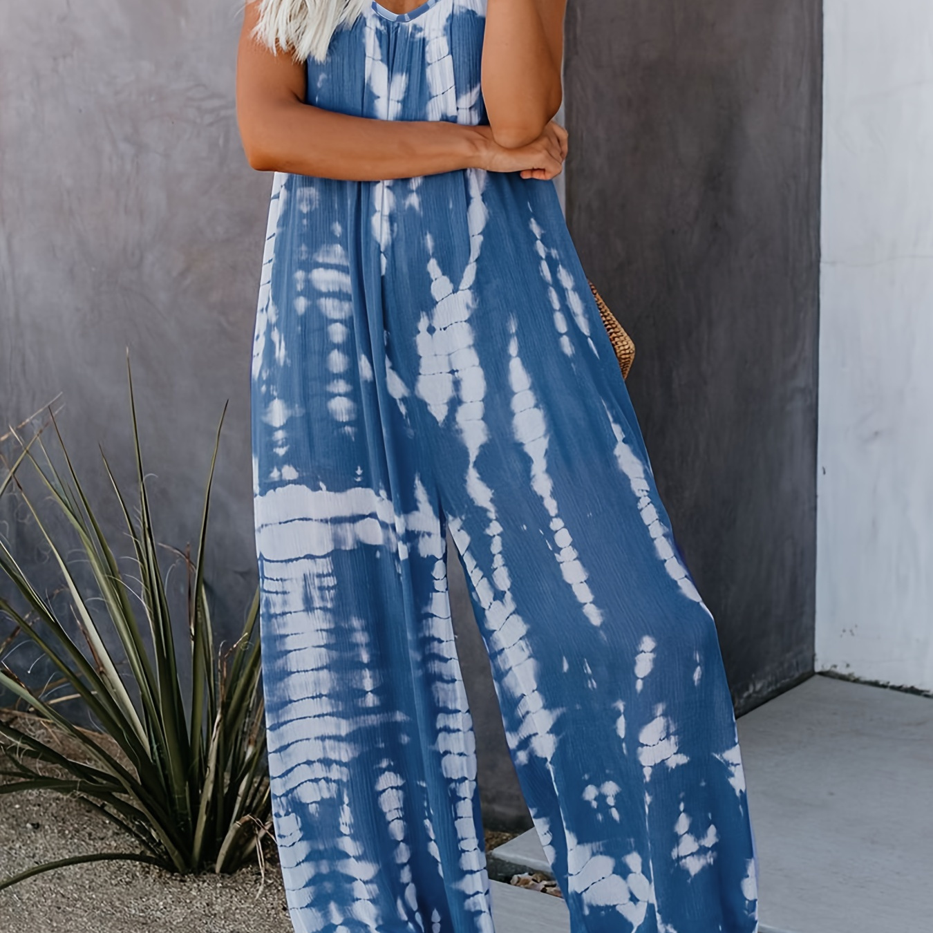 

Boho Tie Dye Print Cami Jumpsuit, V Neck Loose Casual Jumpsuit For Spring & Summer, Women's Clothing