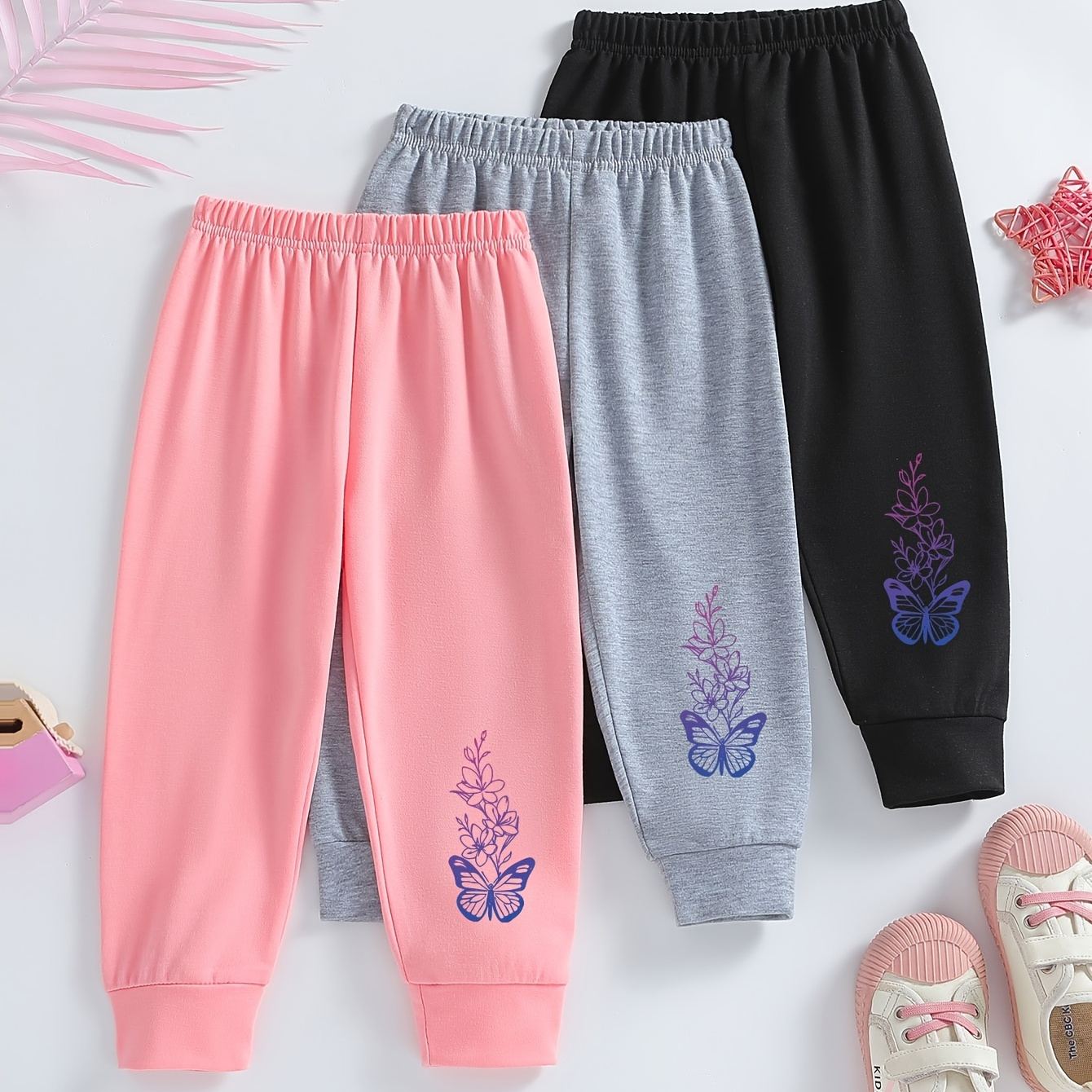 

3pcs Girls Cartoon Butterfly Print Long Pants Set, Polyester Fabric, Casual Style, Machine Washable