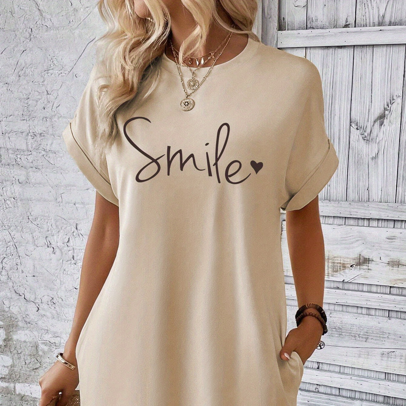 

Letter Print Tee Dress, Short Sleeve Crew Neck Casual Dress For Summer & Spring, Women's Clothing