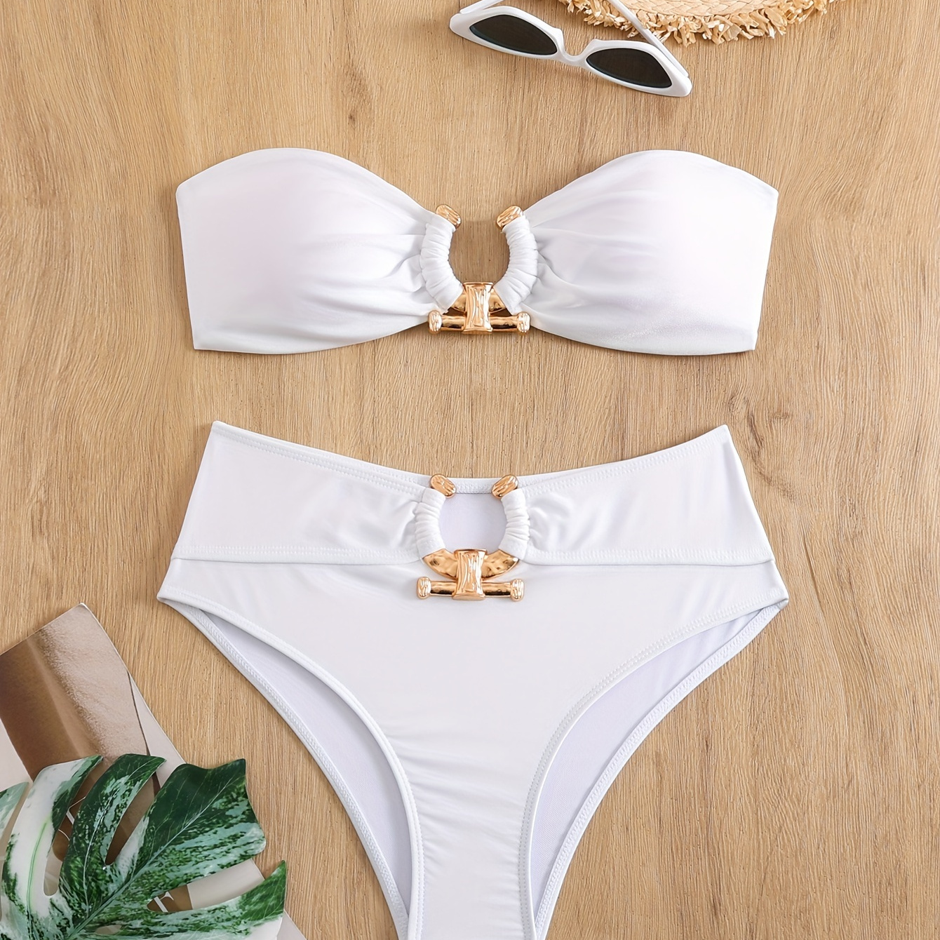 

Women's Bikini Swimsuit, Two-piece Set With Metal Linked Top & High Cut Bottoms, Summer Beachwear, Swimwear