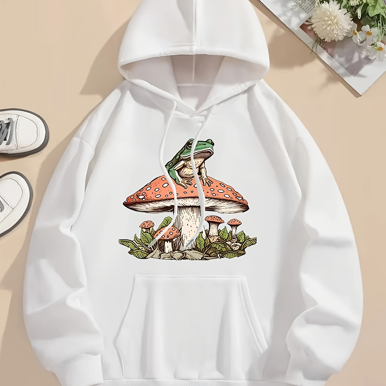 

Mushroom & Frog Print Kangaroo Pocket Hoodie, Casual Long Sleeve Drawstring Hoodies Sweatshirt, Women's Clothing