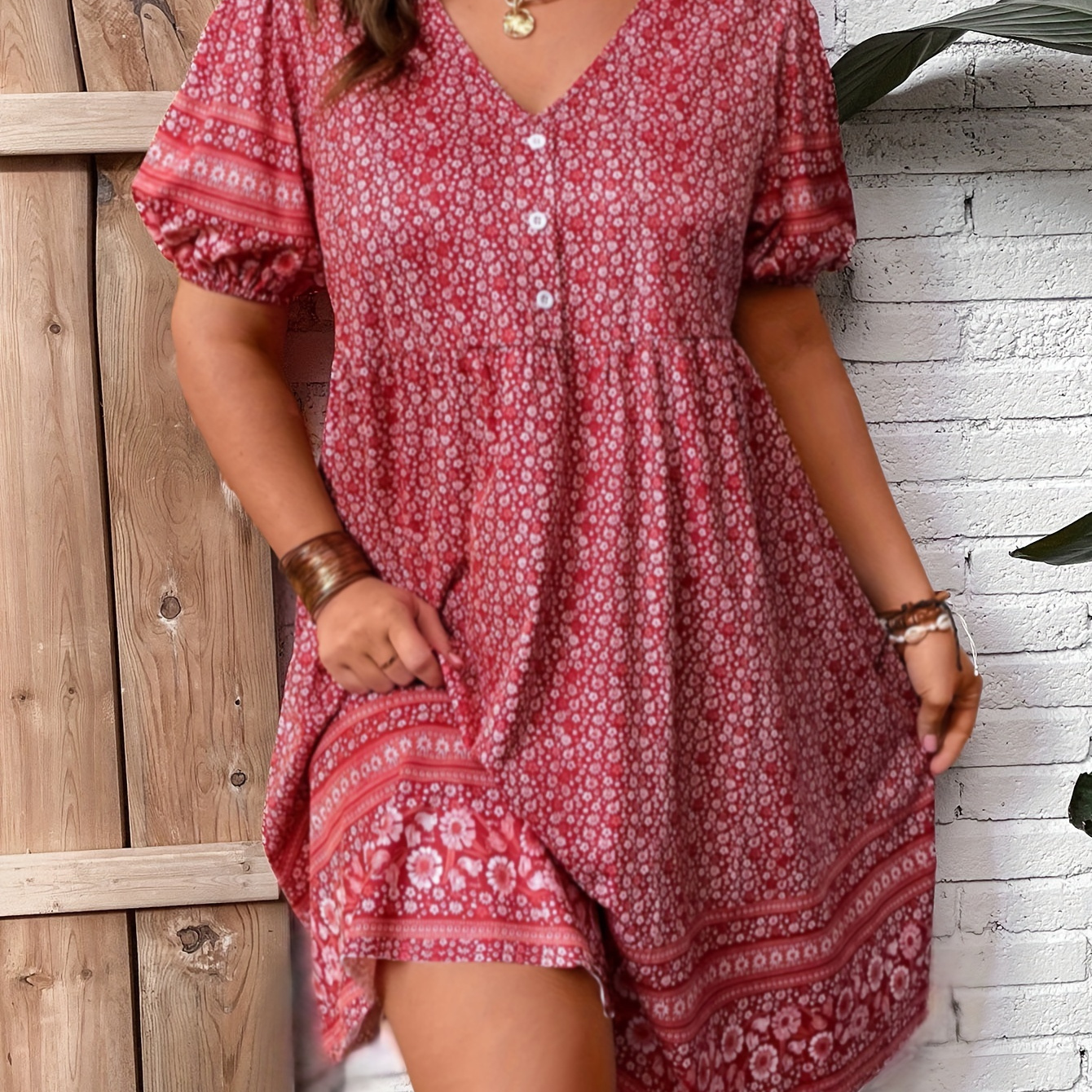 

Plus Size Floral Print Button Front Dress, Casual Short Sleeve Dress For Spring & Summer, Women's Plus Size Clothing