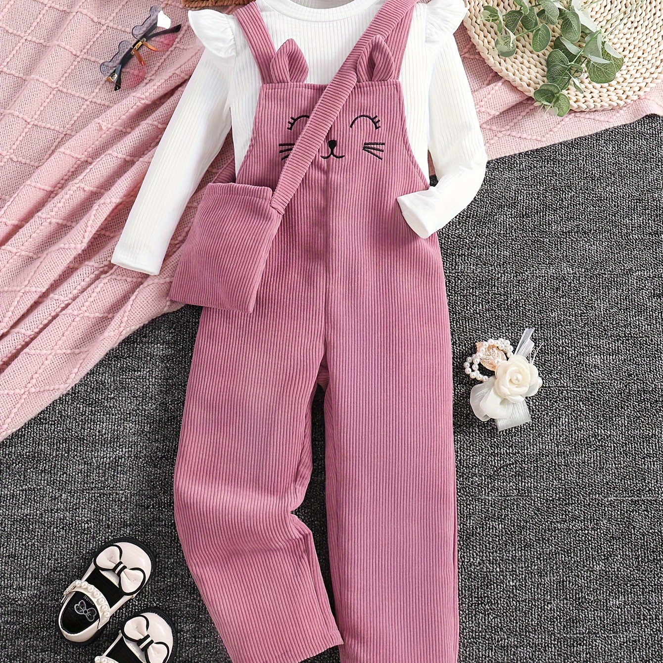 

1 Set Girl's Cute Kitty Corduroy Suspender Jumpsuit + Long-sleeve Top + Bag, Casual Style Girls Spring/ Fall Clothes, Gift