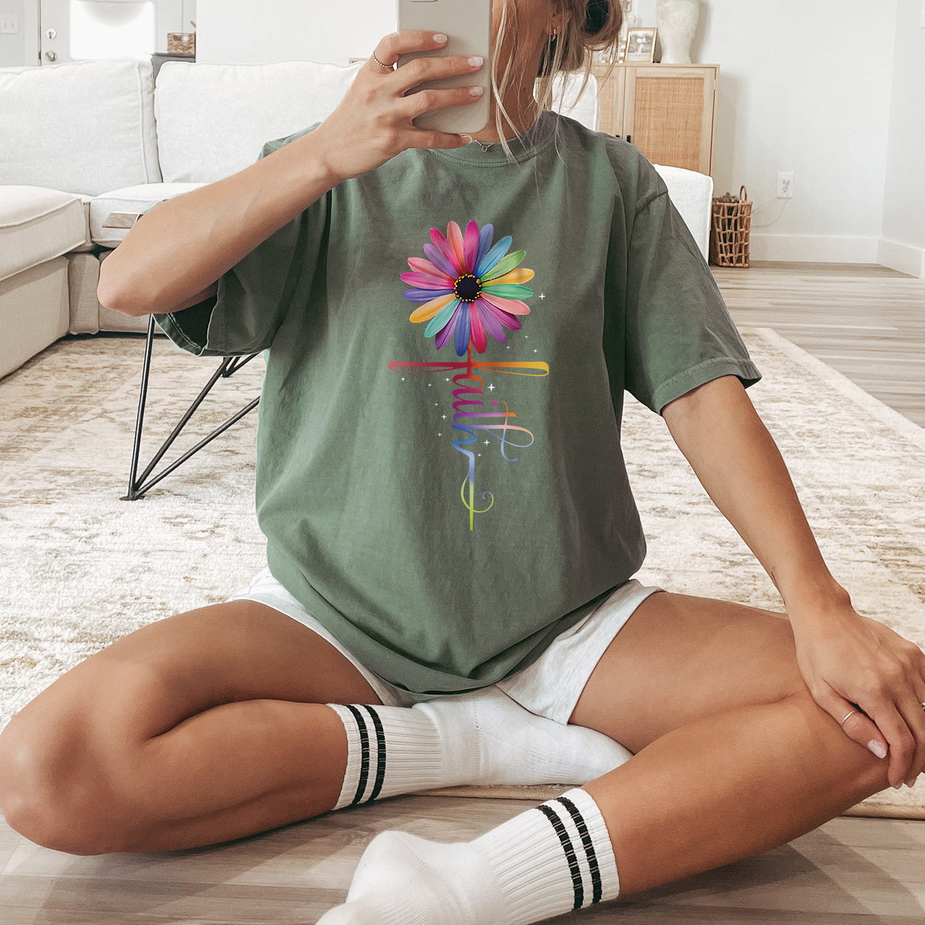 

Flower & Faith Graphic Print T-shirt, Short Sleeve Crew Neck Casual Top For Summer & Spring, Women's Clothing