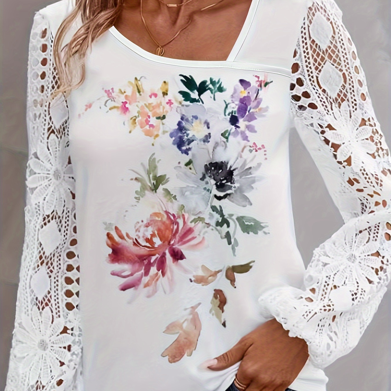 

Floral Print Skew Neck T-shirt, Casual Guipure Lace Long Sleeve T-shirt For Spring & Fall, Women's Clothing