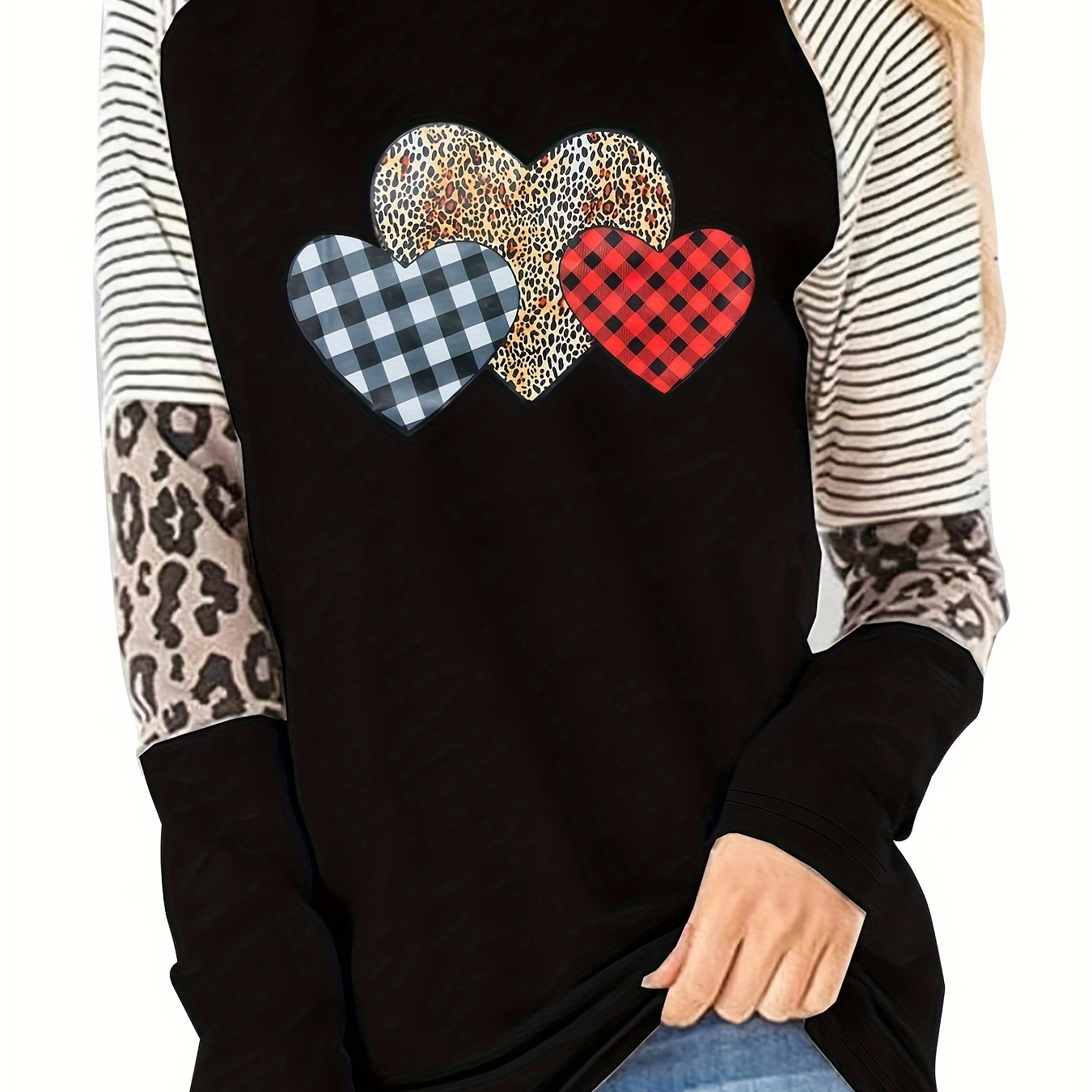 

Plus Size Casual Sweatshirt, Women's Plus Heart & Stripe & Leopard Print Long Sleeve Round Neck Sweatshirt