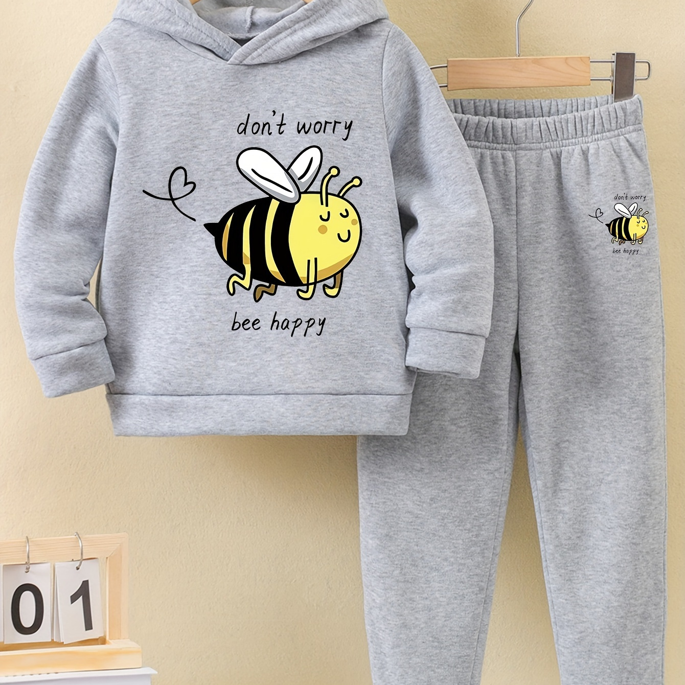 

Girl's Pink Hoodie And Leggings Set: Don't Worry, Bee Happy - Perfect For Fall/winter - Age 12 And Under - Polyester Blend - Random Print Design
