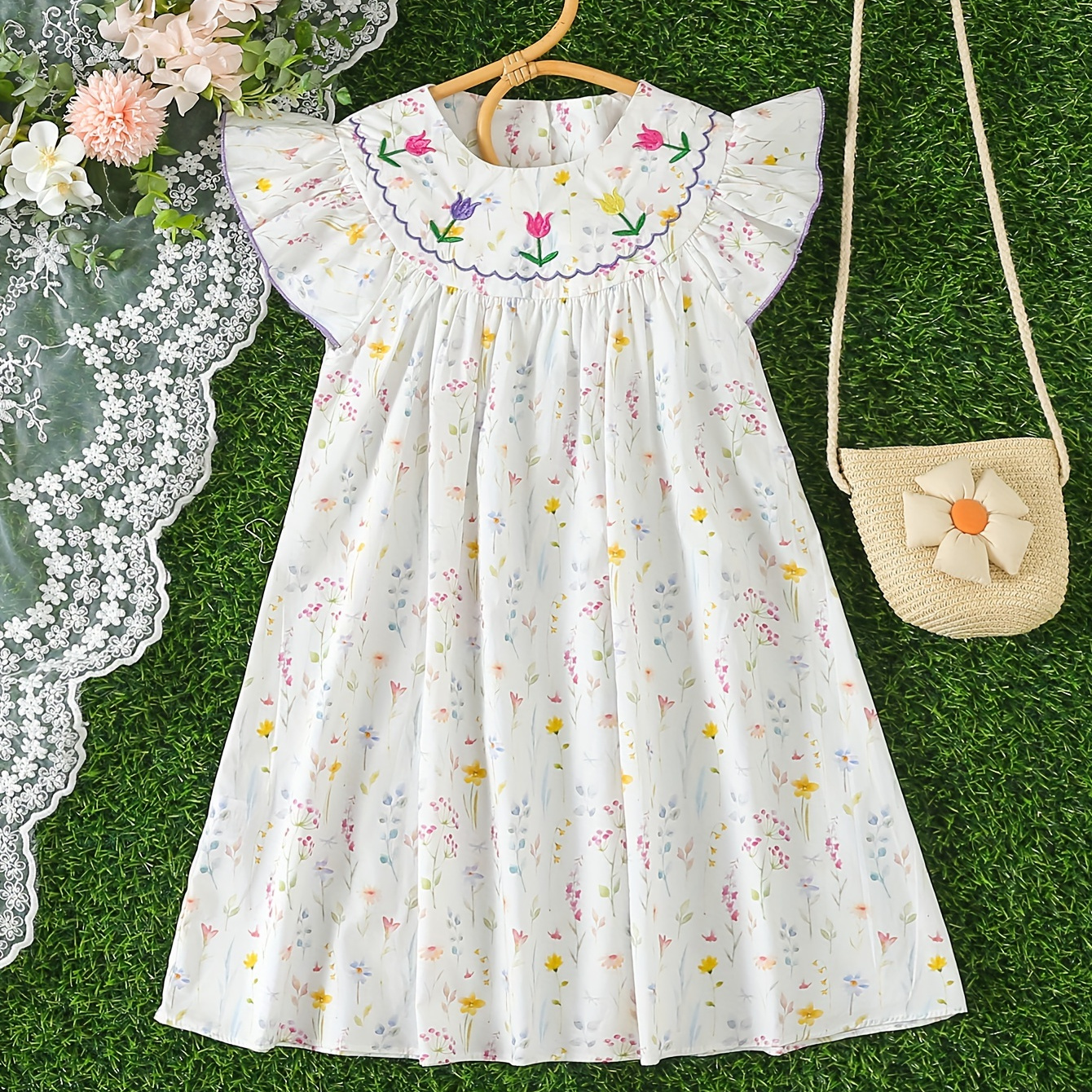 

Baby's Tulip Flower Embroidered Cotton Dress, Lovely Cap Sleeve Dress, Infant & Toddler Girl's Clothing For Summer/spring