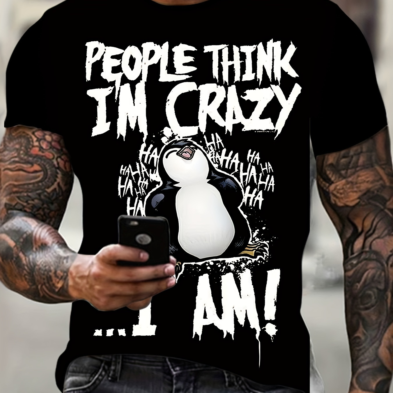 

Plus Size "people Think I'm Crazy" Print T-shirt For Men, Stylish Short Sleeve Top, Men's Clothing