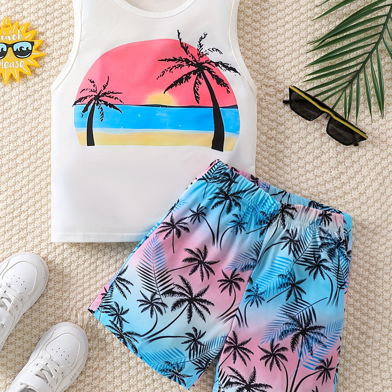 

Boys Coconut Trees Casual Outfit Round Neck Tank Top & Shorts Comfortable Breathable For Summer Kids Clothes Sets