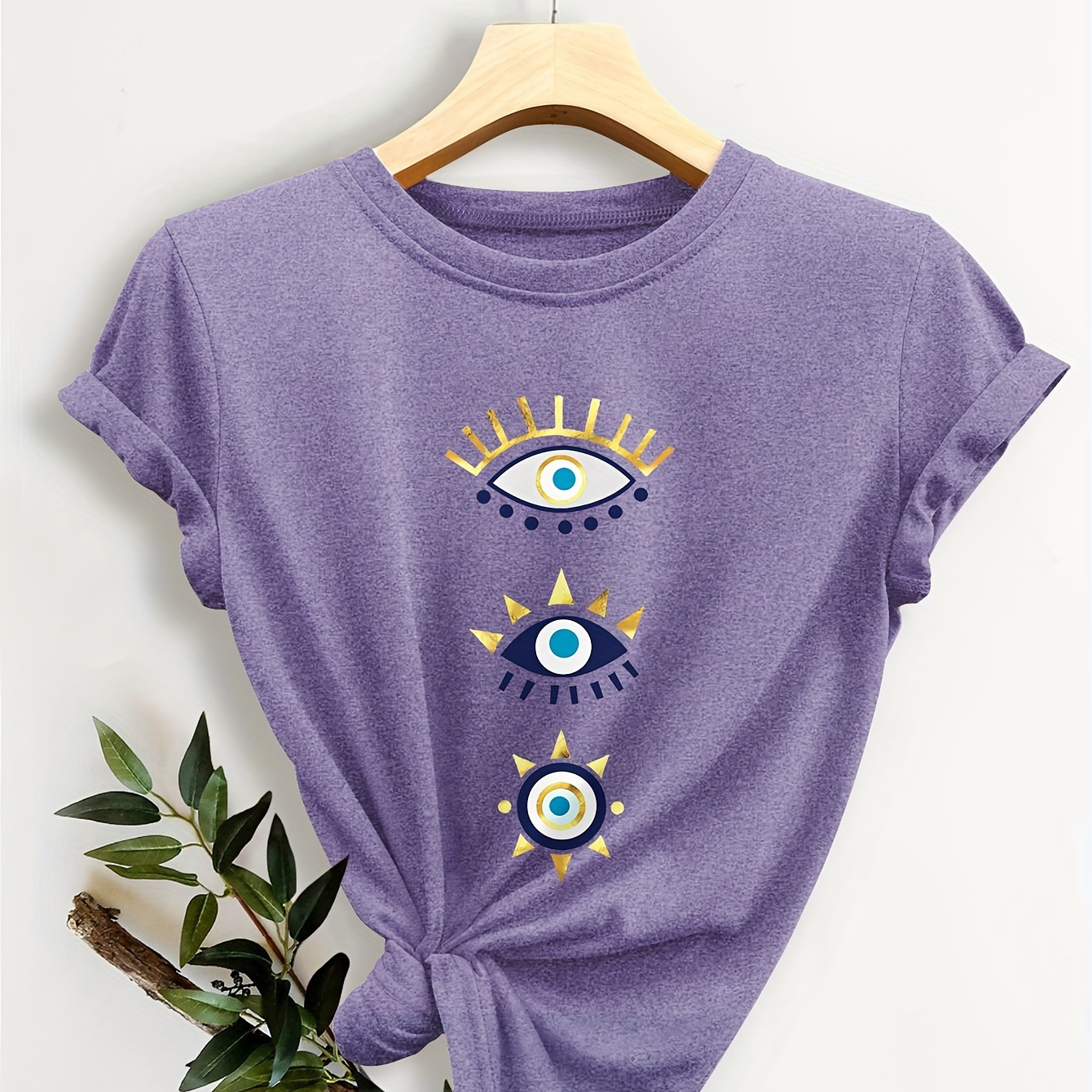 

Women's Vintage-inspired Casual Short Sleeve T-shirt With Triple Eye Graphic, Casual Summer Tee, Round Neck, Relaxed Fit