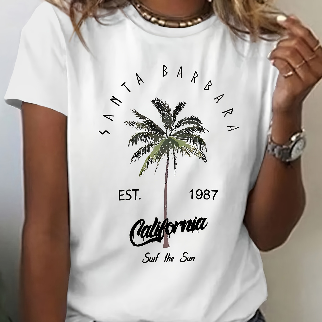 

Coconut Tree Print T-shirt, Casual Crew Neck Short Sleeve Top For Spring & Summer, Women's Clothing