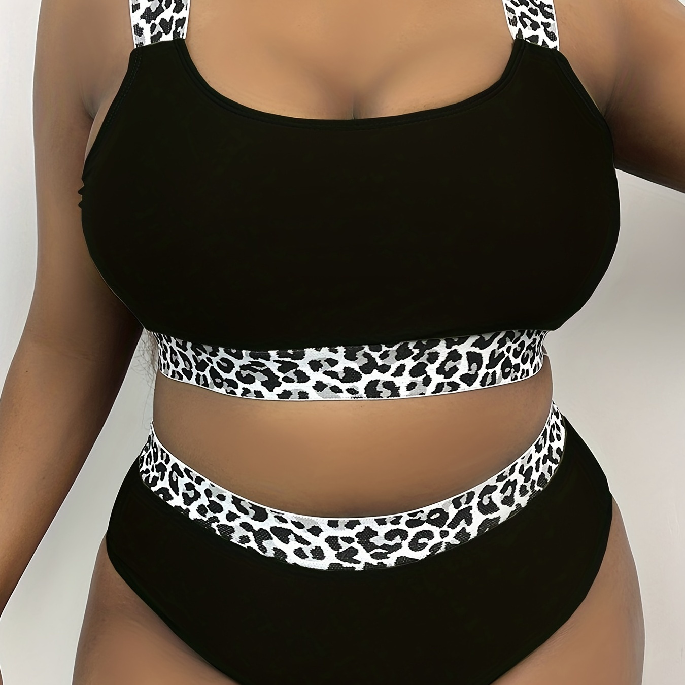 

Plus Size Vacay Swimsuit Set, Women's Plus Leopard Round Neck High Stretch Cami Top & Panty Swimsuit 2 Piece Set