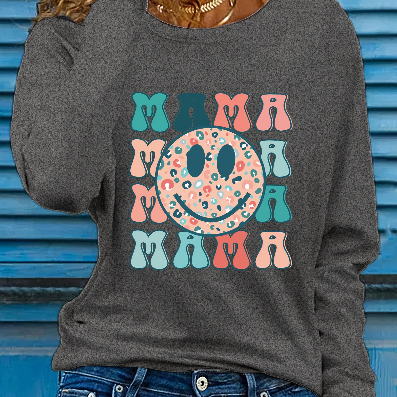 

Women's Casual Crew Neck Long Sleeve Applique Alphabet Mama Pullover Sweatshirt - 100% Polyester Knit Fabric With Slight Stretch For Fall