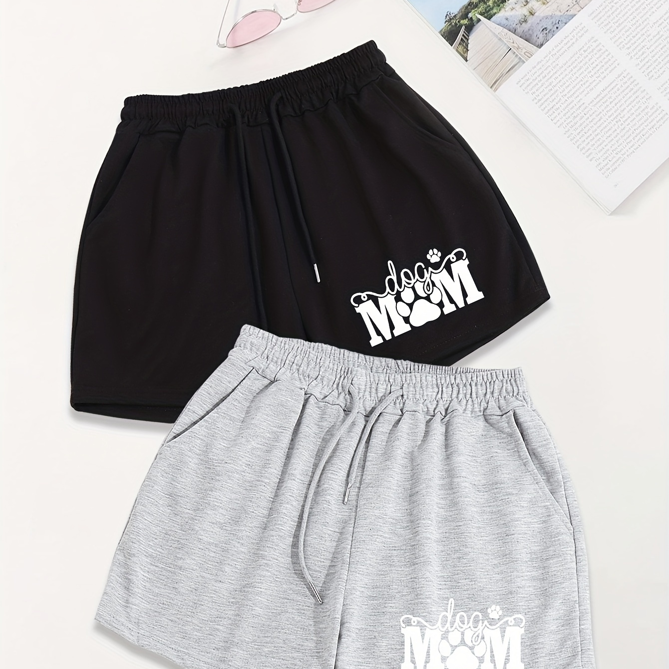 

Dog Mom Print Drawstring Shorts 2 Pack, Casual Dual Pocket Sporty Shorts, Women's Clothing