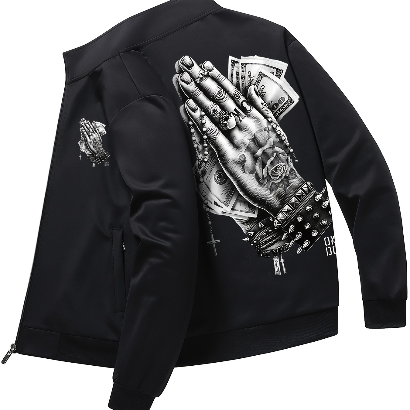 

Men's Casual Praying For Money Print Bomber Jacket, Zip Up Thin Jacket For Spring Summer