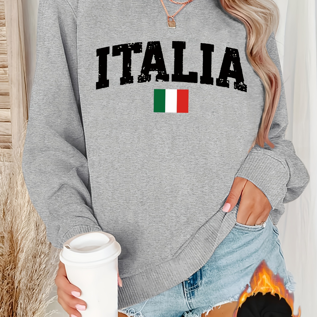 

Italia Letter Print Sweatshirt, Crew Neck Casual Sweatshirt For Winter & Fall, Women's Clothing