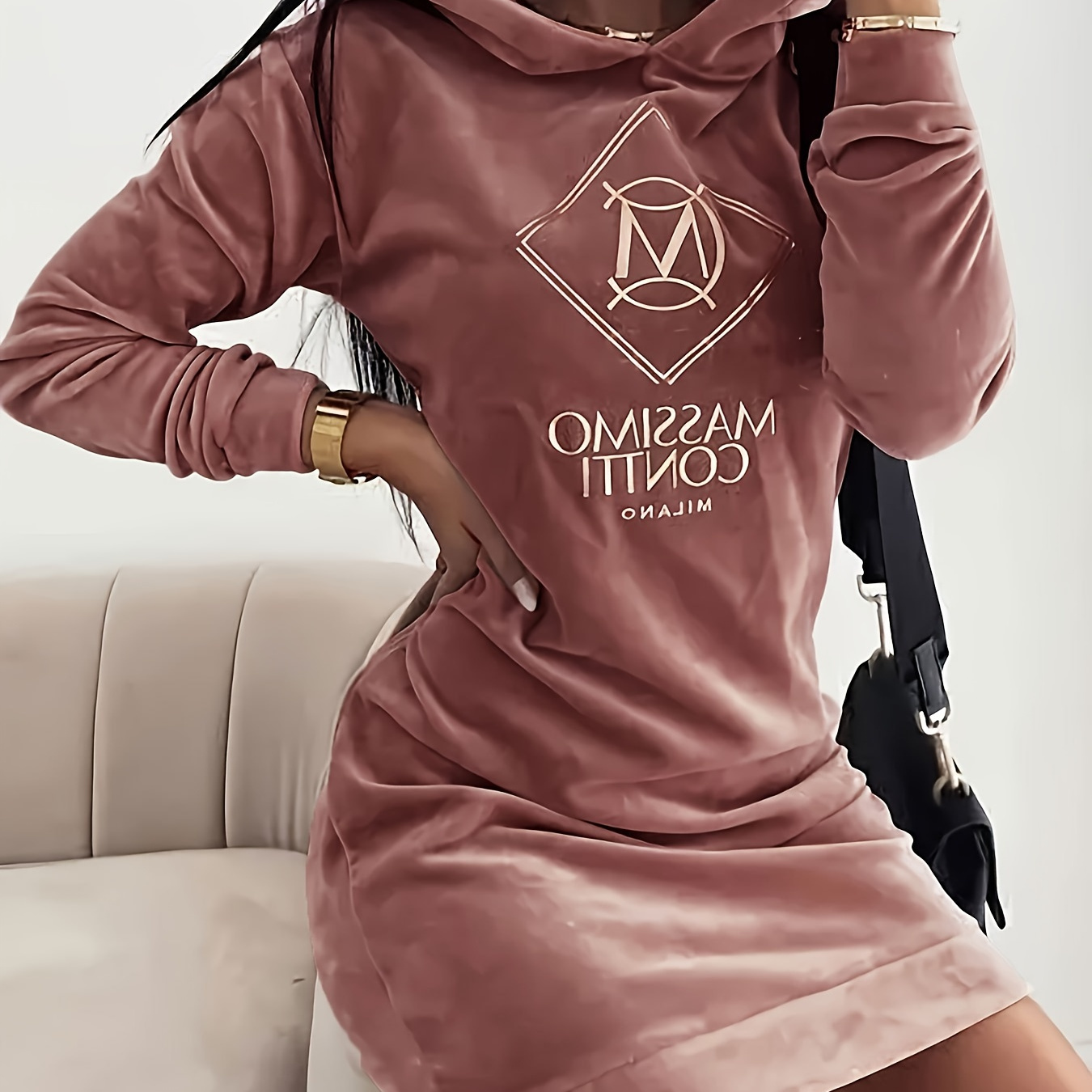 

Women' Velvet Hooded Dress With Letter Print - Casual Commuter Style, Long Sleeves, Knee-length, Machine Washable, Polyester